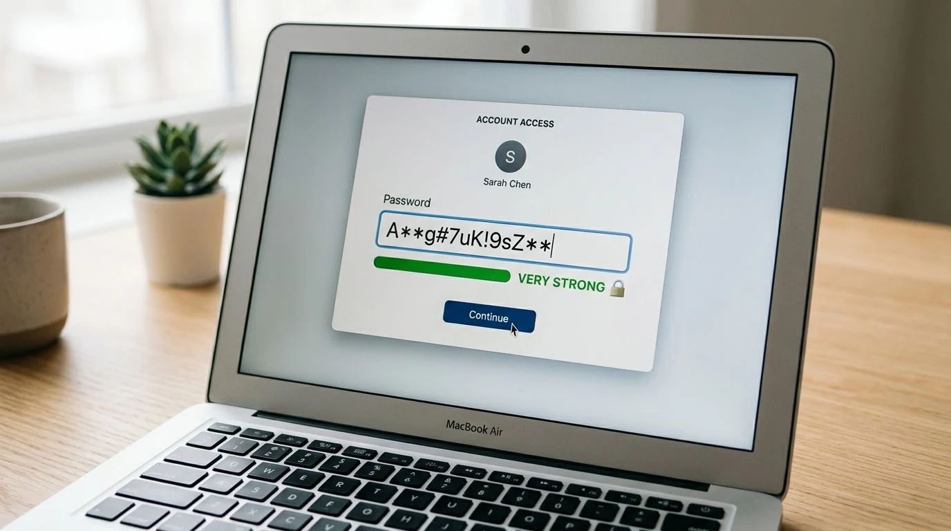 A MacBook screen displays an account access prompt showing a very strong password entry field for user Sarah Chen.