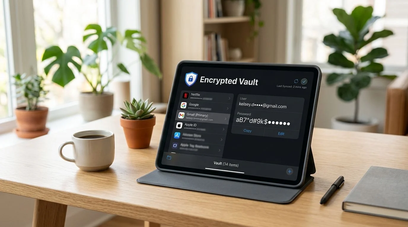 A digital tablet displaying an encrypted password vault application on a wooden office desk next to coffee.