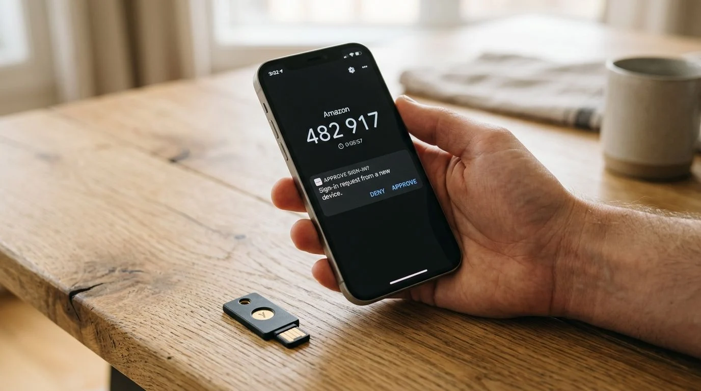A person holds a smartphone displaying an Amazon two-factor authentication code with a YubiKey security token nearby.