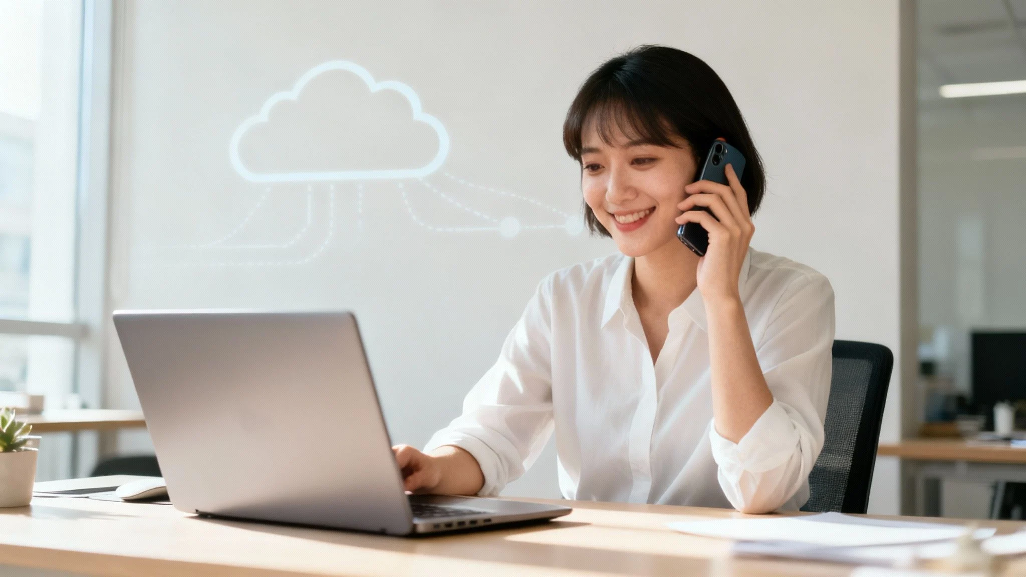 A woman in a white shirt sits at a desk using a laptop and talking on the phone, smiling. A cloud computing graphic is displayed on the wall behind her, suggesting technology or remote work.