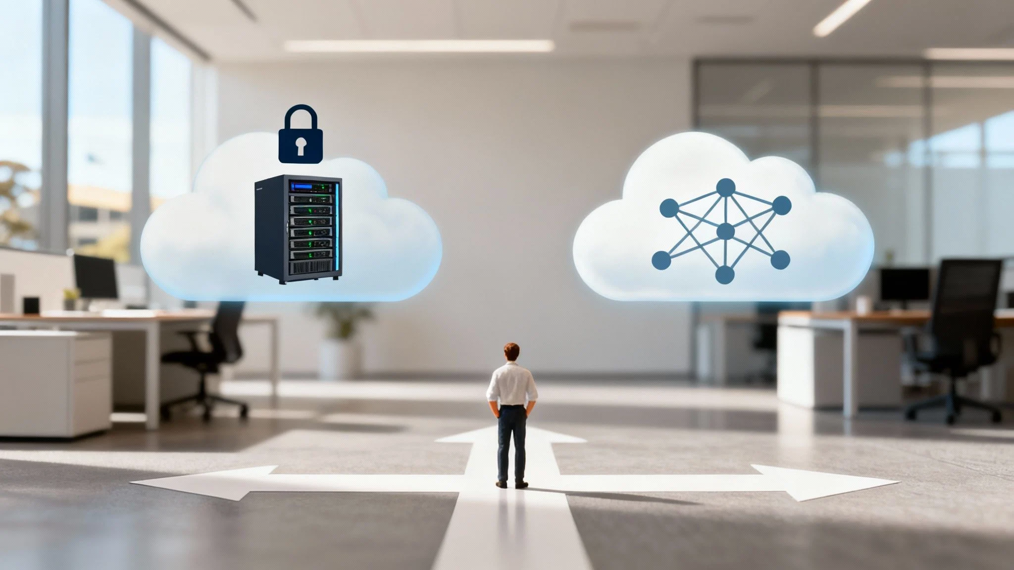 A person choosing between a secure private cloud server and a public networked cloud service.