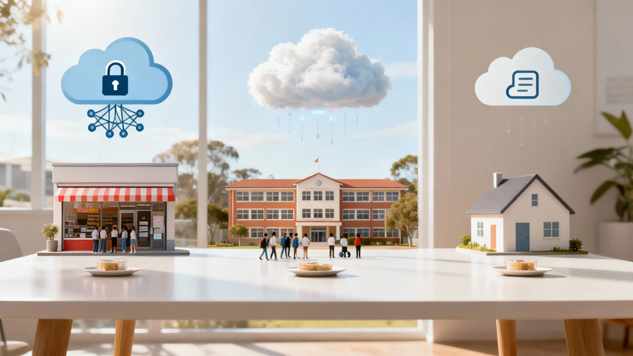 Miniature store, school, and house models on a table, representing various cloud computing solutions.