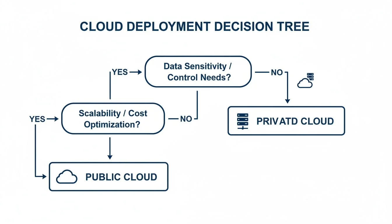 Decision tree illustrating cloud deployment options based on data sensitivity, scalability, and cost optimization.