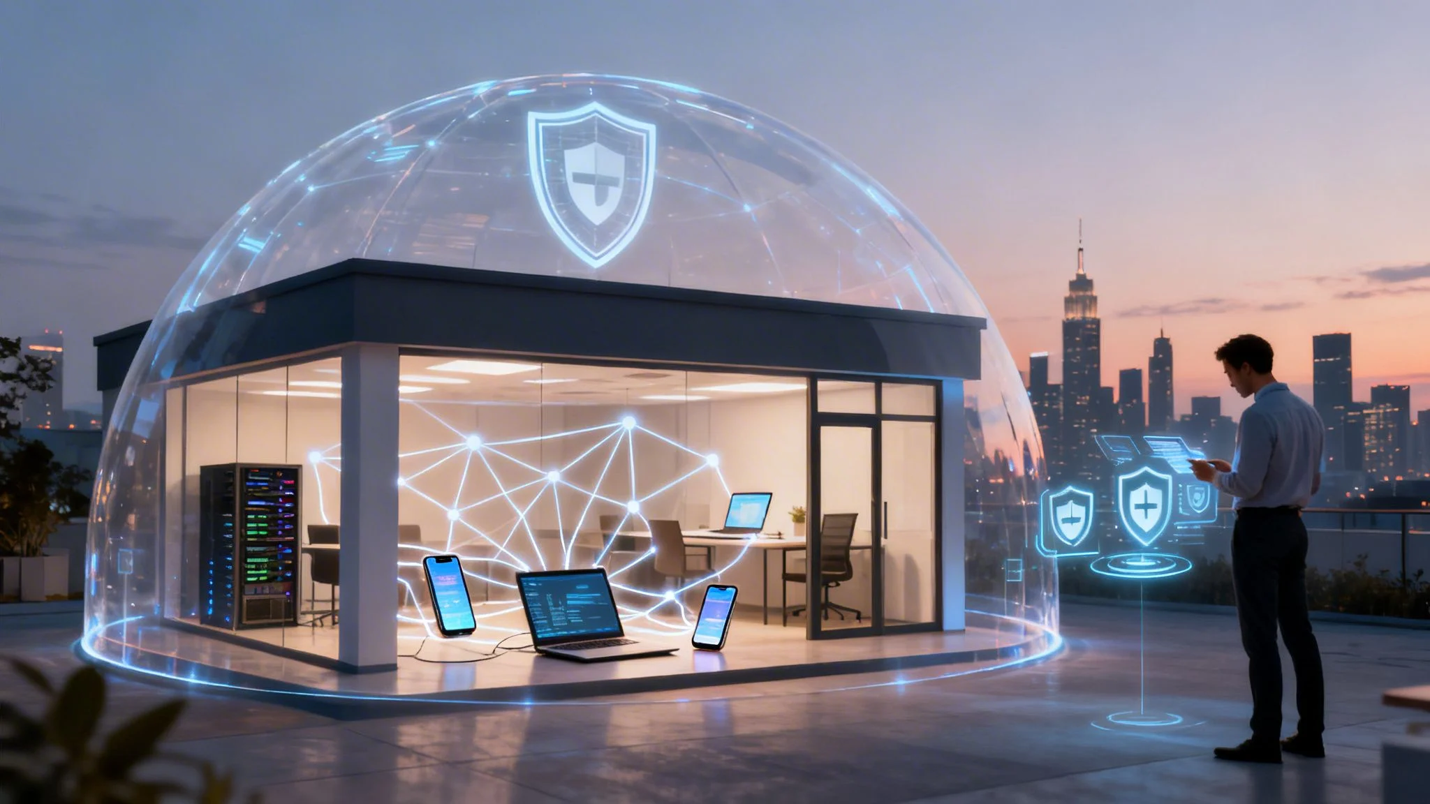 A man stands outside a modern glass office protected by a glowing digital dome with shield icons, symbolising cybersecurity. Laptops, servers, and mobile phones inside display network graphics, with a city skyline at sunset in the background.