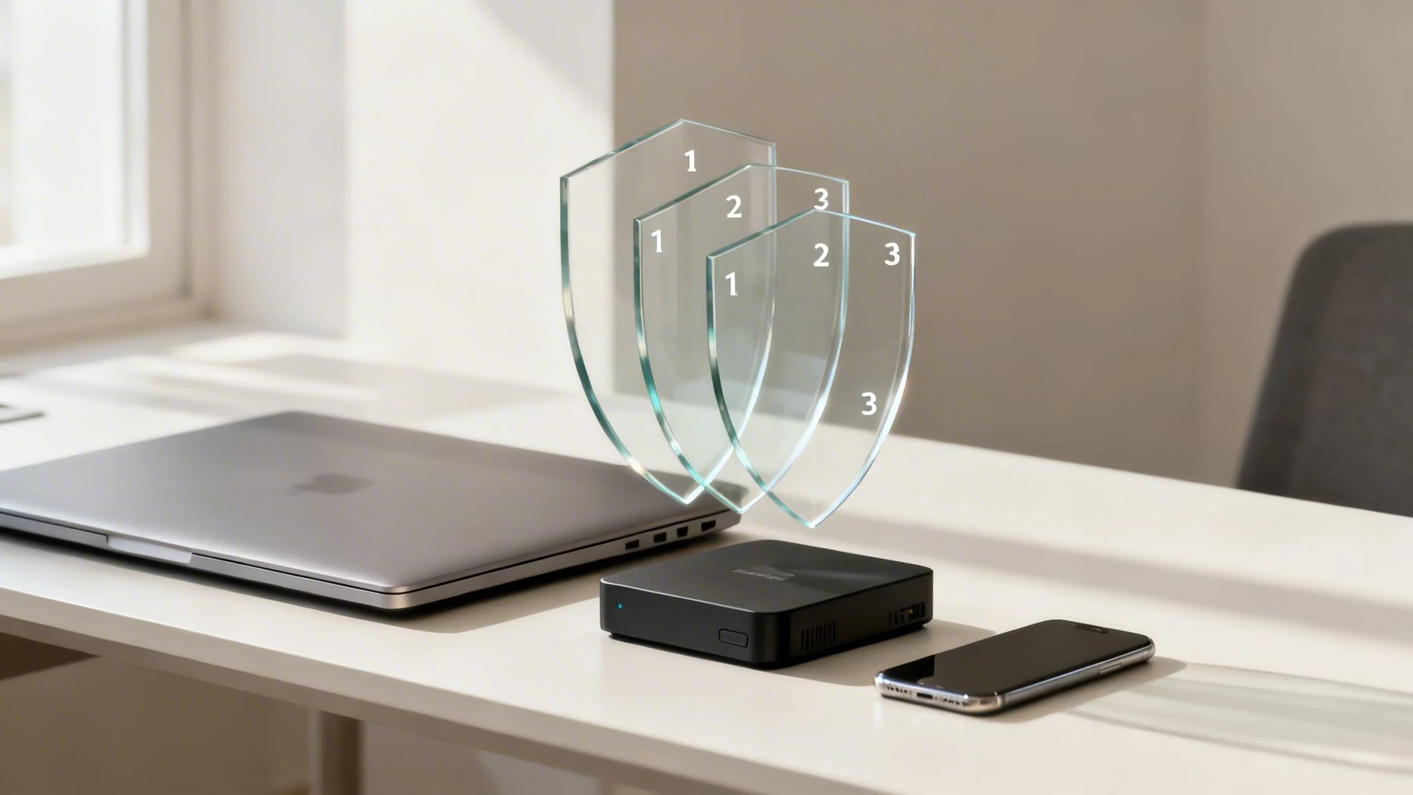 A black cybersecurity device on a desk with a laptop and phone, showing three layers of digital protection.