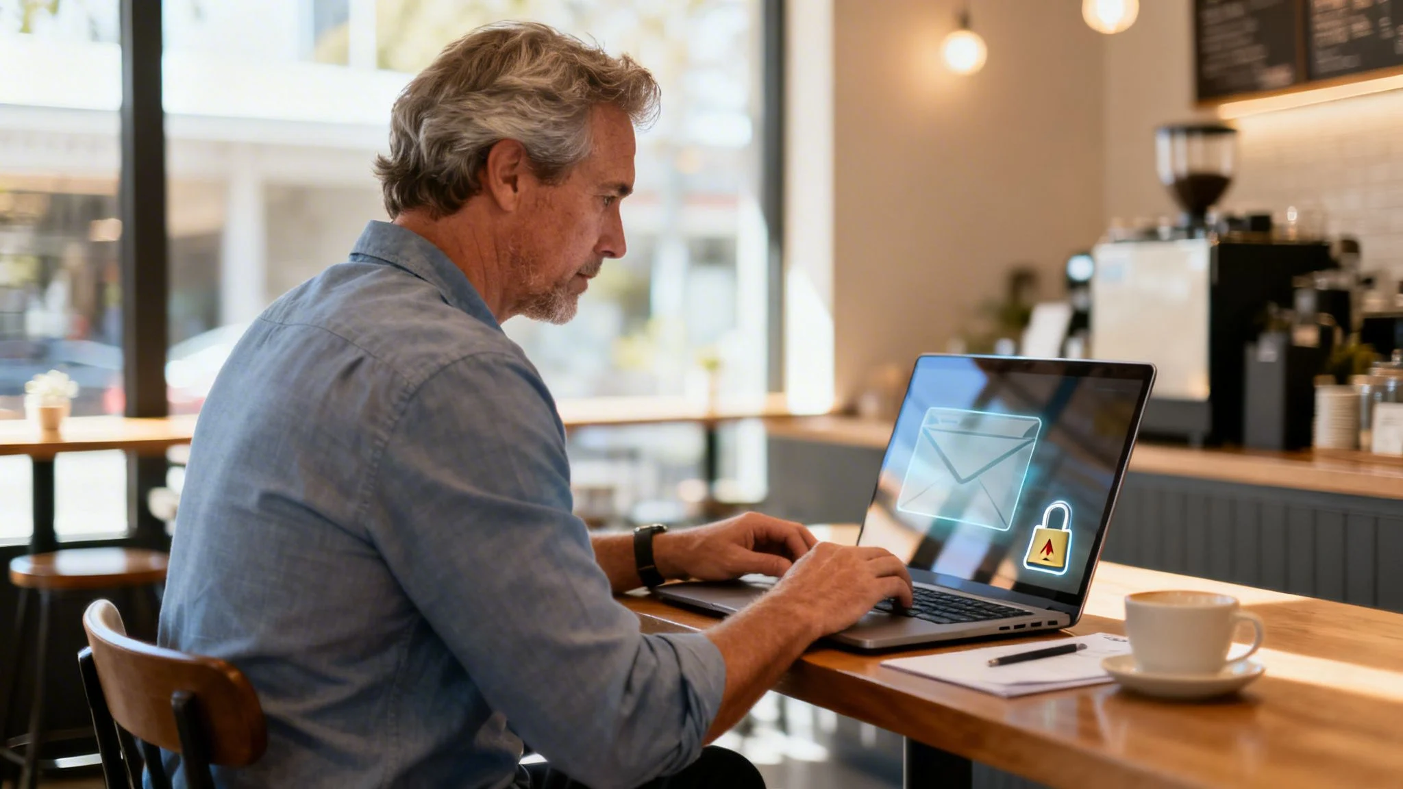 Man working on laptop in a cafe with email and padlock icons, signifying email security.