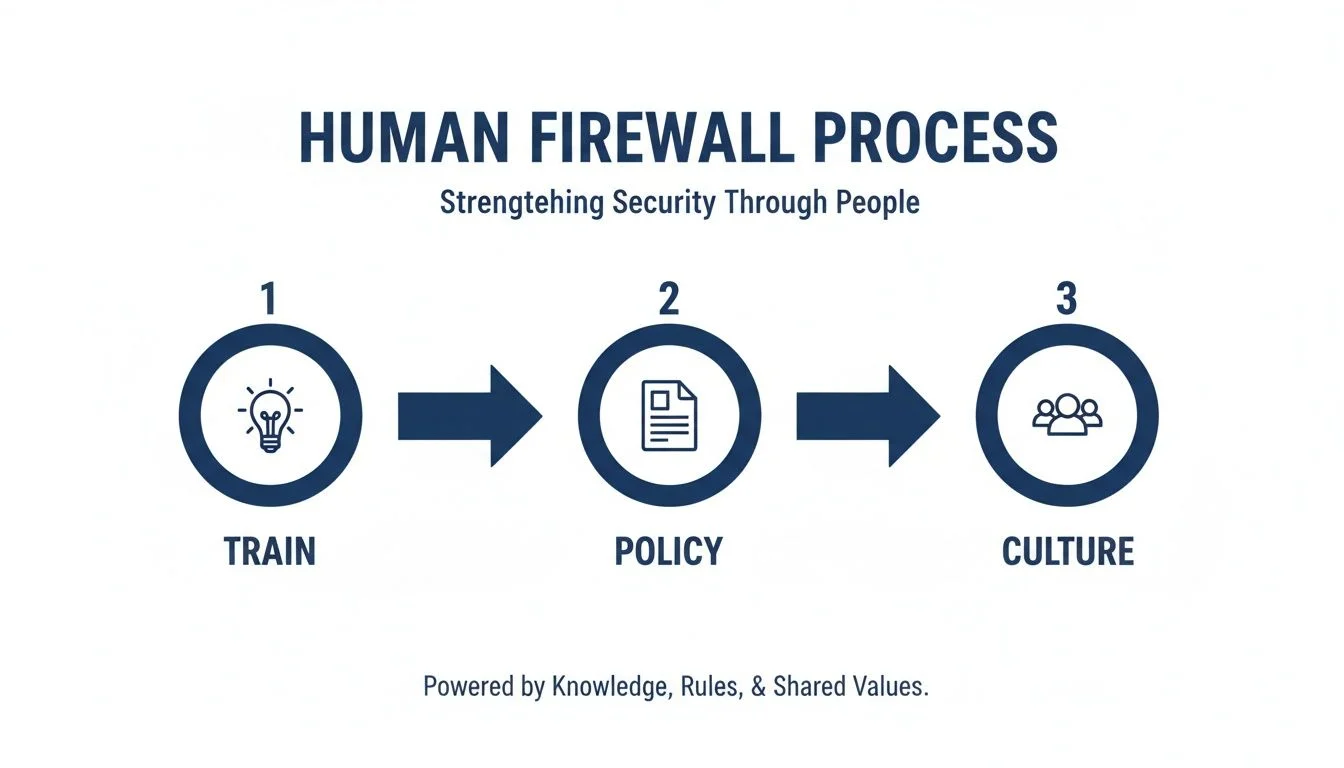 Infographic illustrating the Human Firewall Process with three steps: Train, Policy, and Culture, strengthening security.