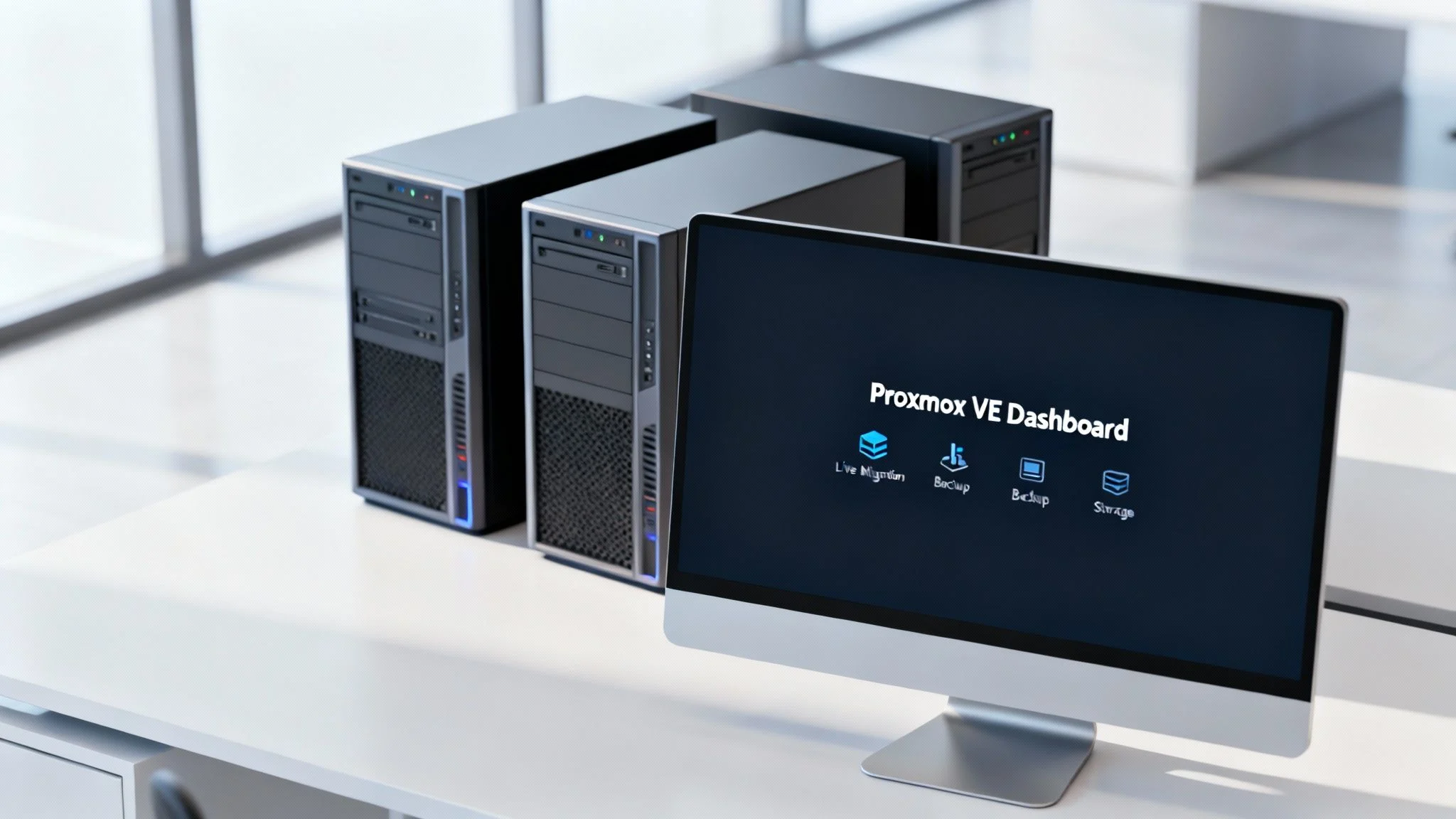 A modern office desk with three server towers and a monitor displaying the Proxmox VE Dashboard.