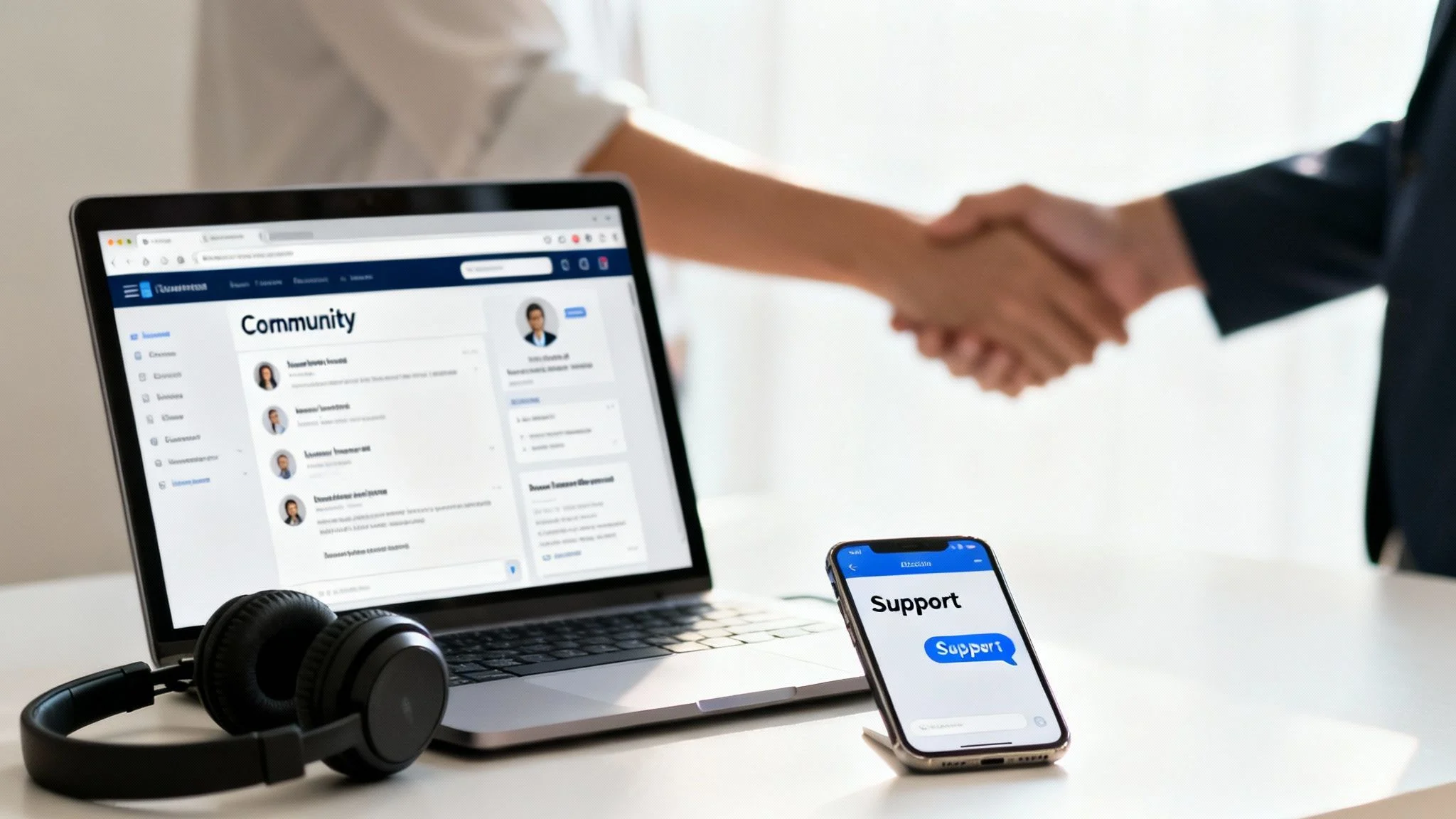Laptop shows an online community, phone offers support, and two business partners shake hands.
