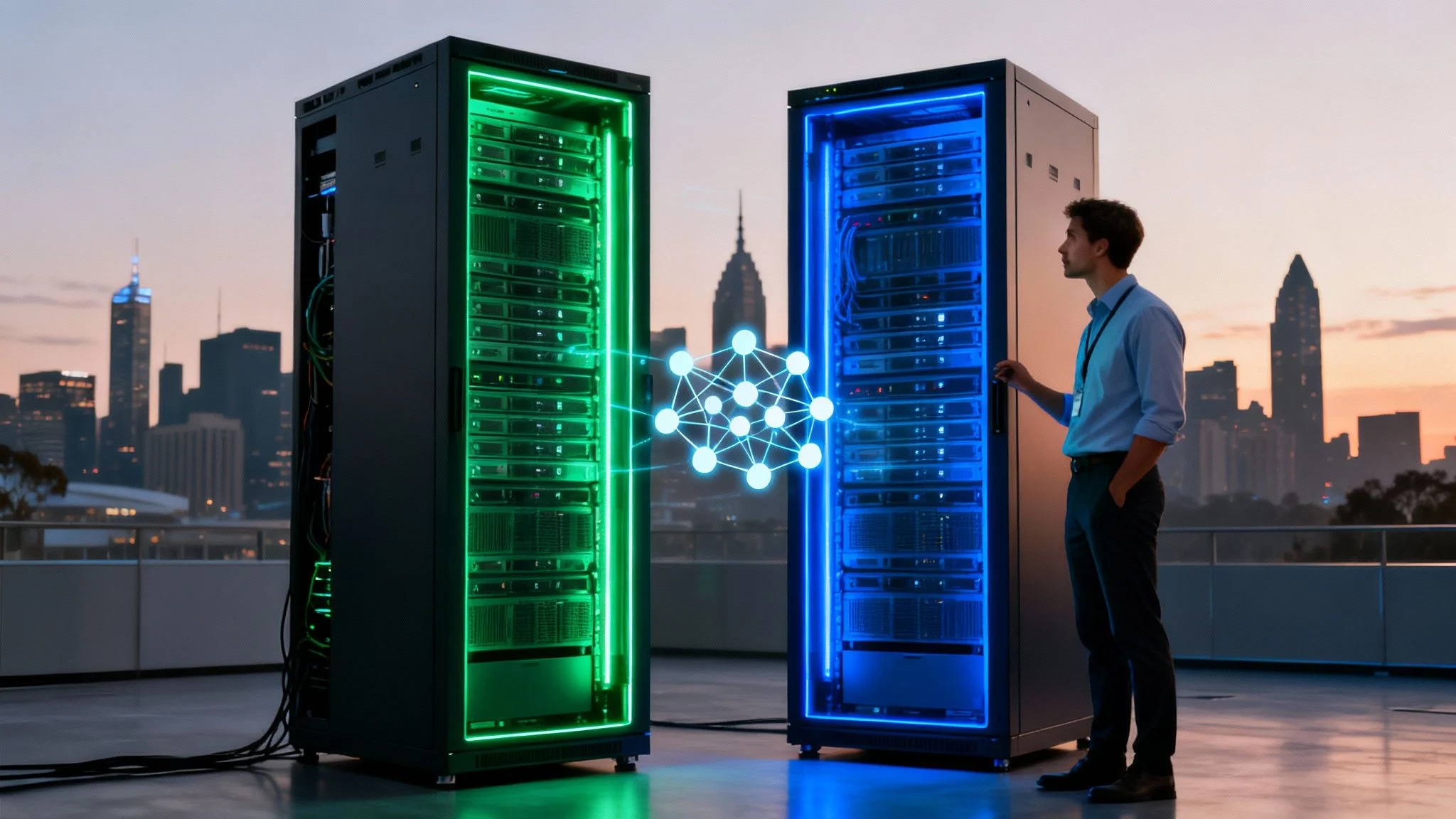 A man stands between two glowing server racks, one green and one blue, with a digital neural network symbol connecting them. A city skyline is visible at sunset in the background.