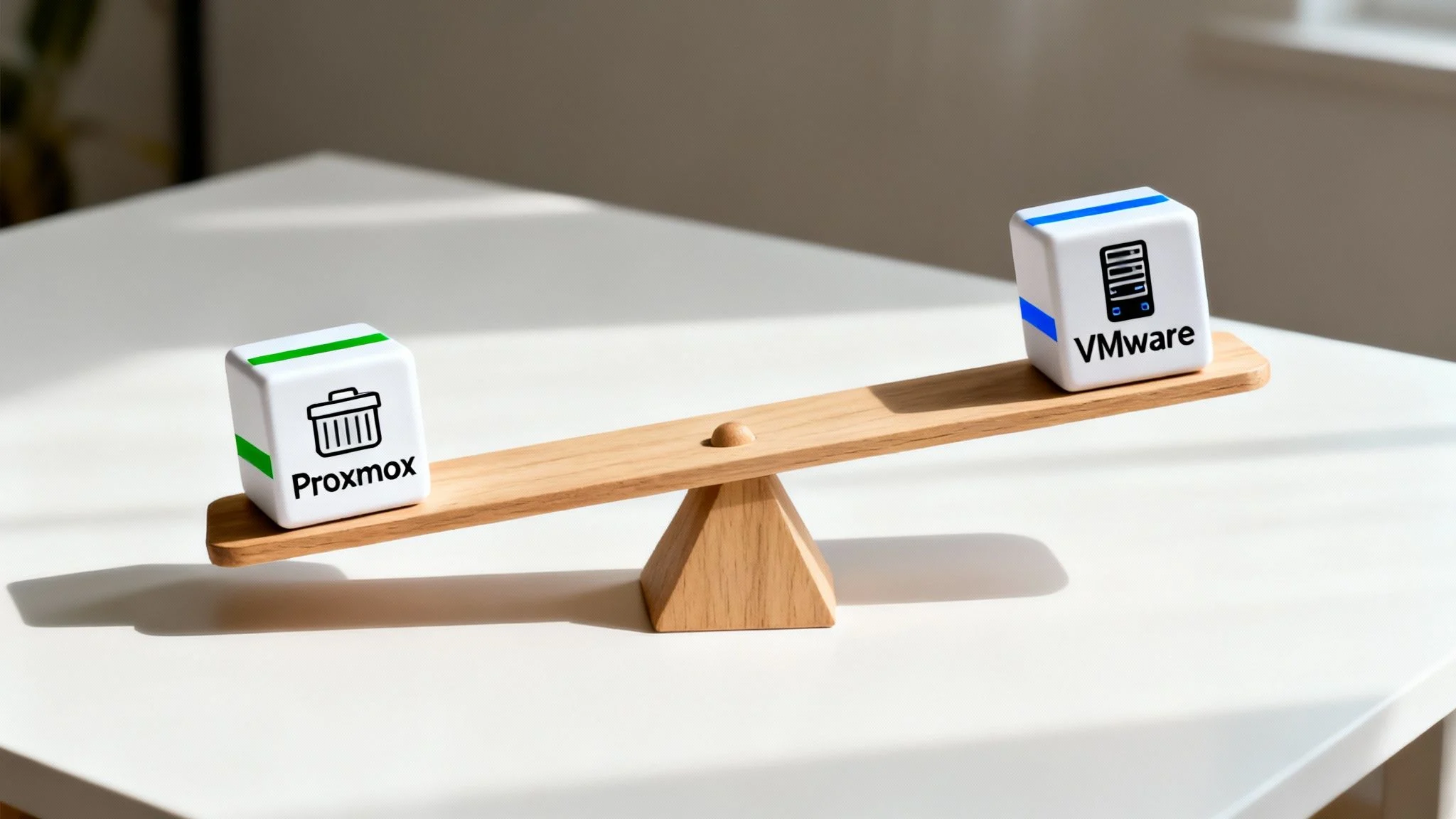 A seesaw balances Proxmox (green, trash icon) and VMware (blue, server icon) cubes, illustrating a competitive comparison.
