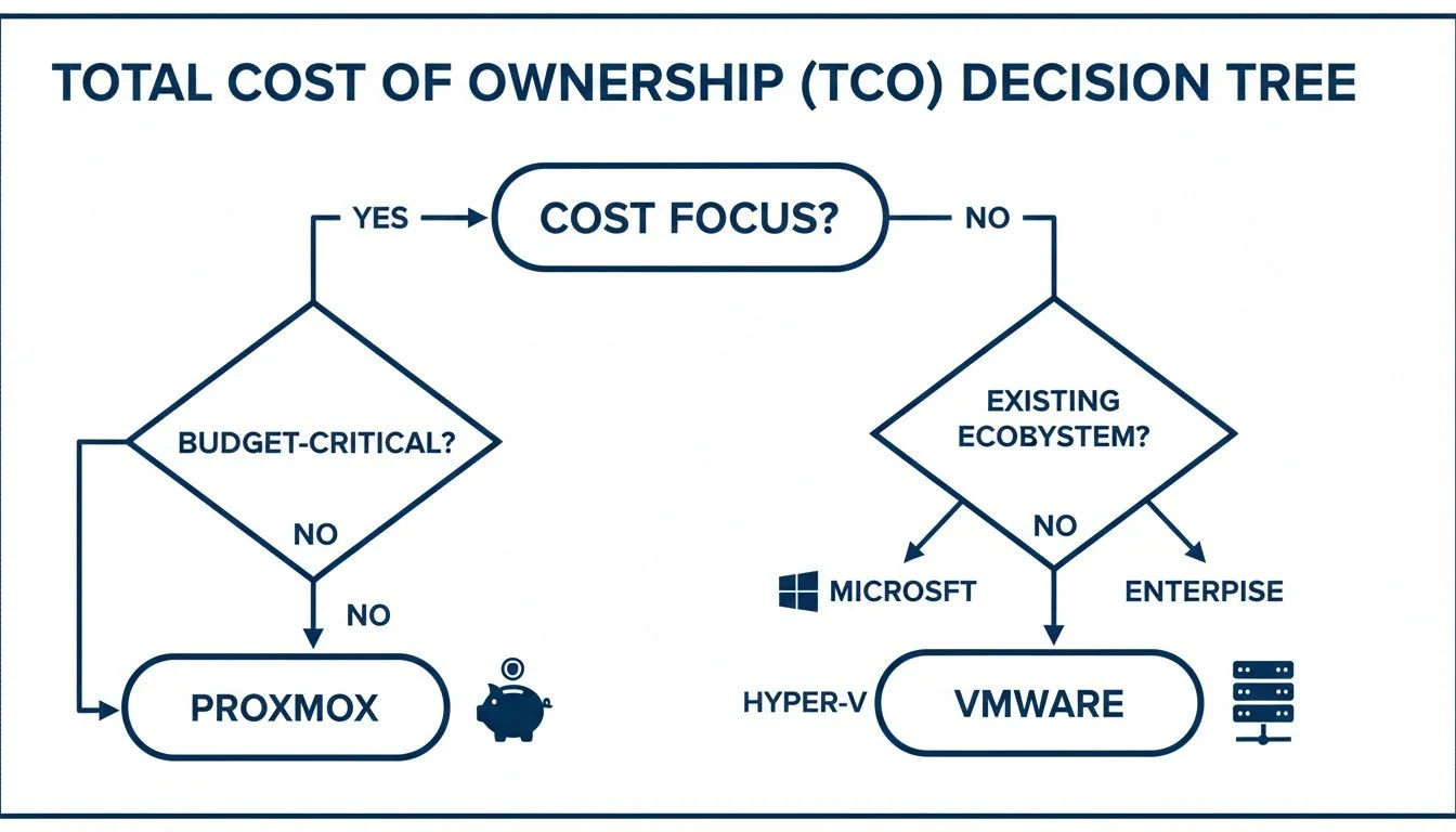 Decision tree for Total Cost of Ownership (TCO) comparing Proxmox, Hyper-V, and VMware choices.