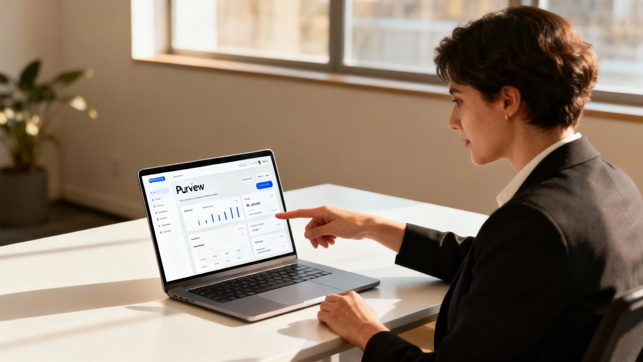 A person in a suit sits at a desk, pointing at a laptop screen displaying business analytics or dashboard data, with sunlight streaming through large windows in the background.