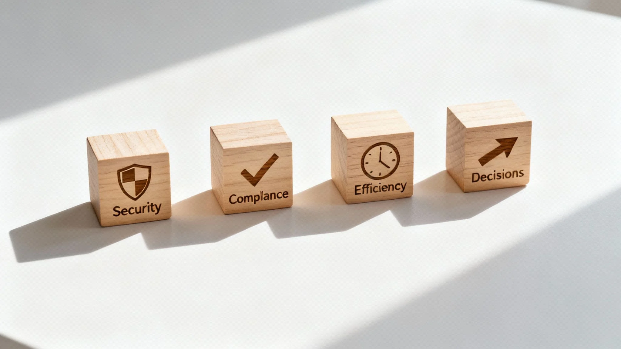 Four wooden blocks on a white surface, each engraved with an icon and word: a shield for Security, a tick for Compliance, a clock for Efficiency, and an arrow for Decisions.