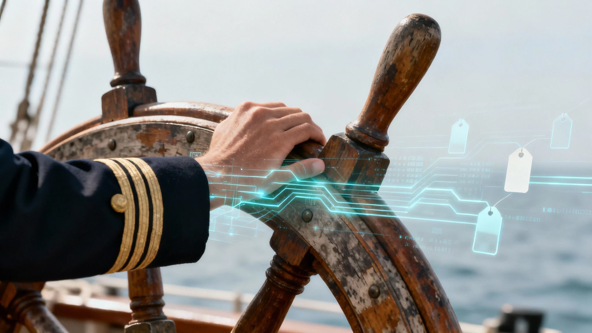A person in a navy uniform holds a wooden ship’s wheel, steering. Digital graphics overlay the image, showing glowing circuit lines and tag icons, symbolising a connection between traditional navigation and modern technology.