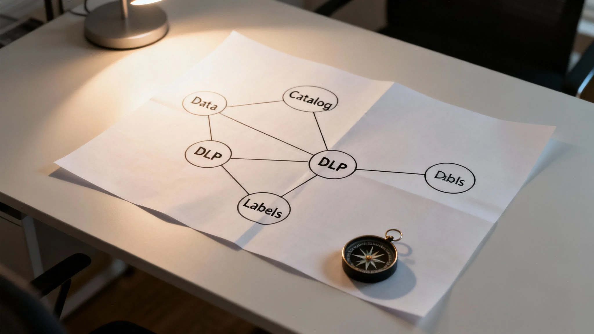 A sheet of paper on a desk displays a diagram with circles labelled DLP, Data, Catalogue, Labels, and DbIs, connected by lines. A compass and lamp are also on the desk.