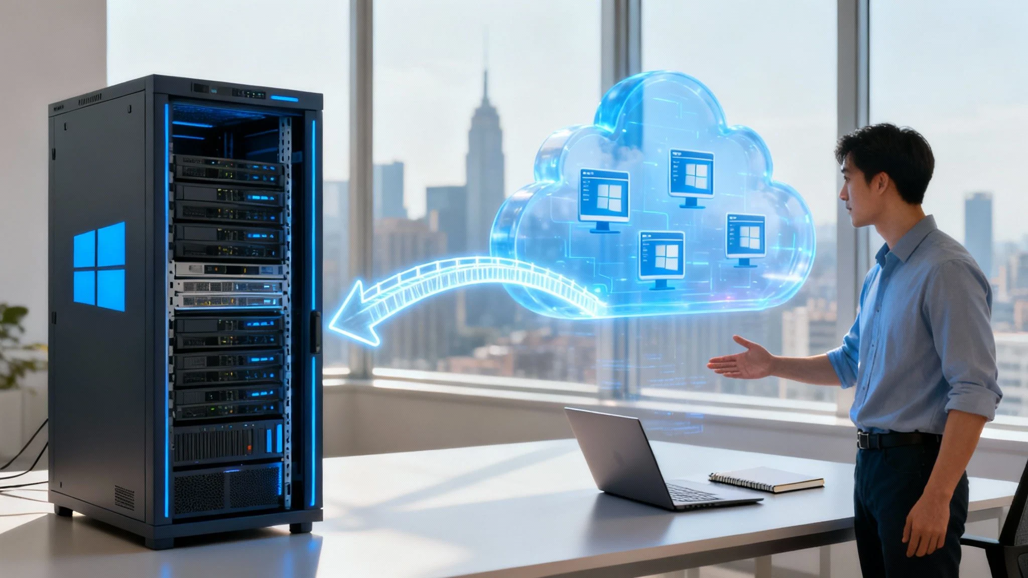 A man stands by a desk with a laptop, gesturing towards a server rack. A digital cloud icon with computer symbols and an arrow points from the server to the cloud, symbolising cloud computing or data migration.