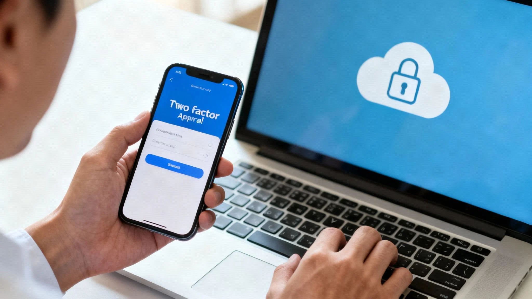 A person uses a smartphone for two-factor authentication while typing on a laptop showing a secure cloud.