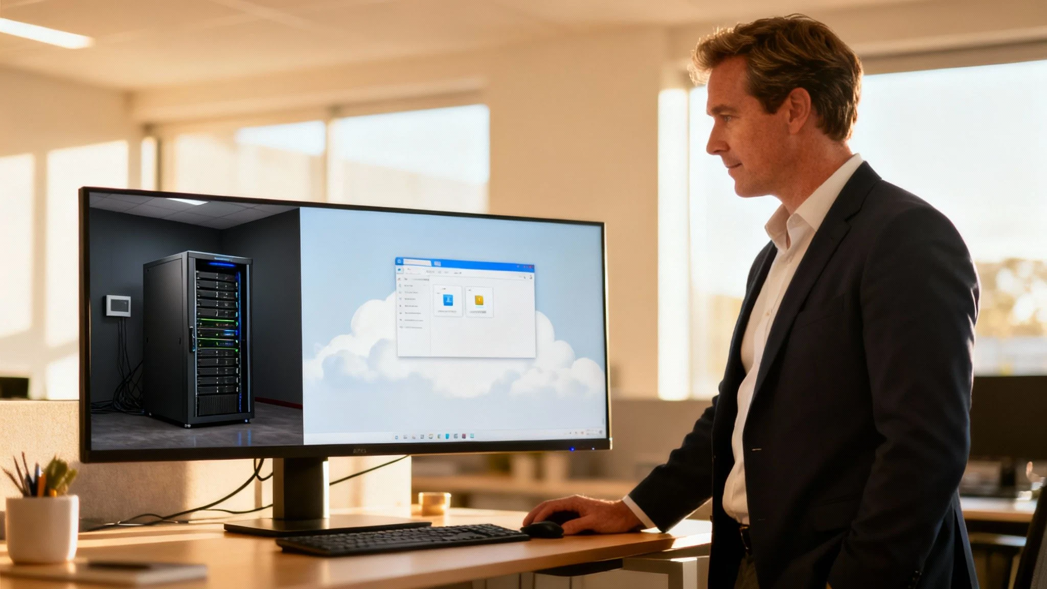 A man in a suit views a computer monitor displaying server racks and cloud storage.