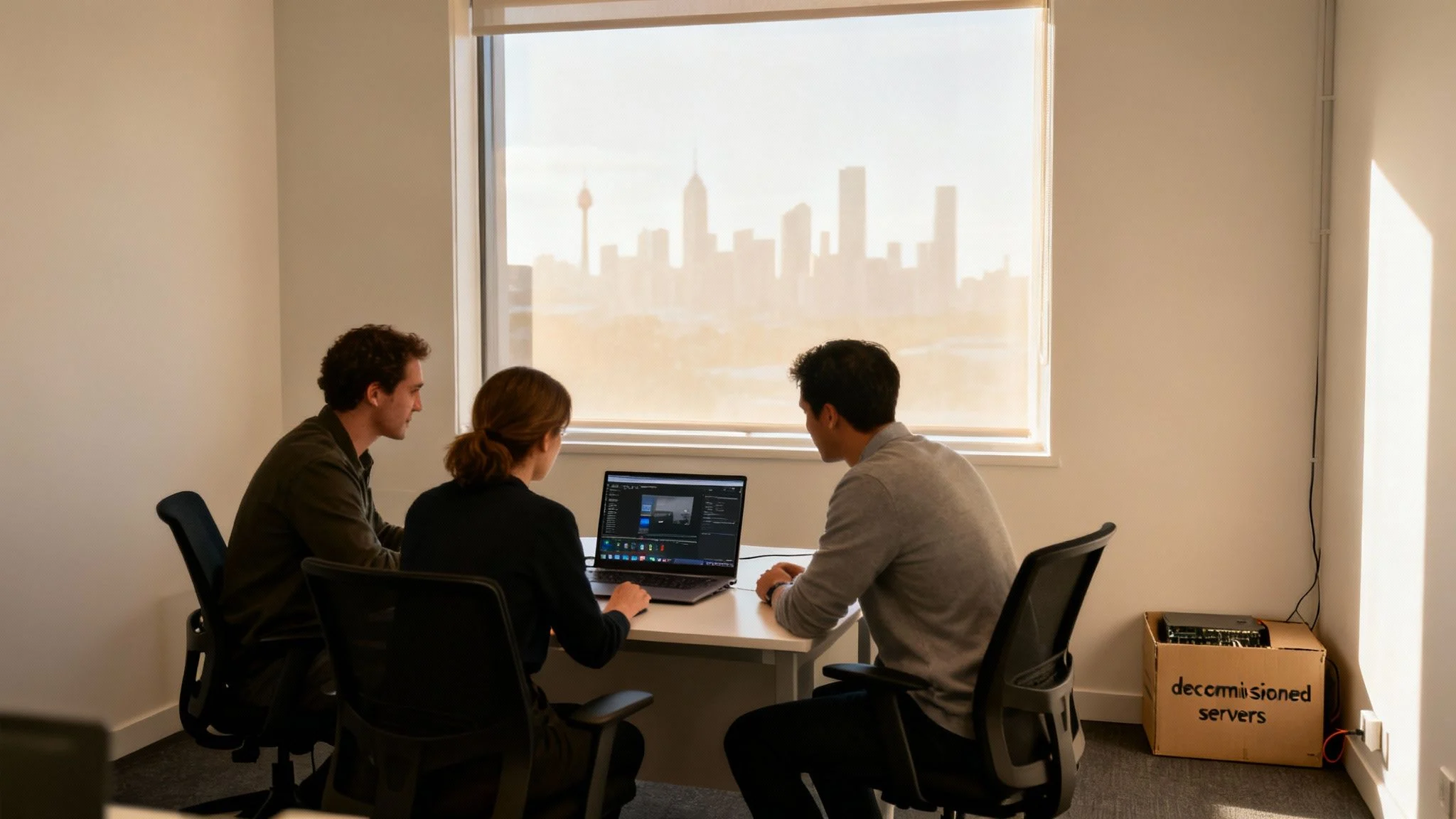 Three colleagues collaborate in a modern office, viewing a laptop with a city skyline visible through the window.