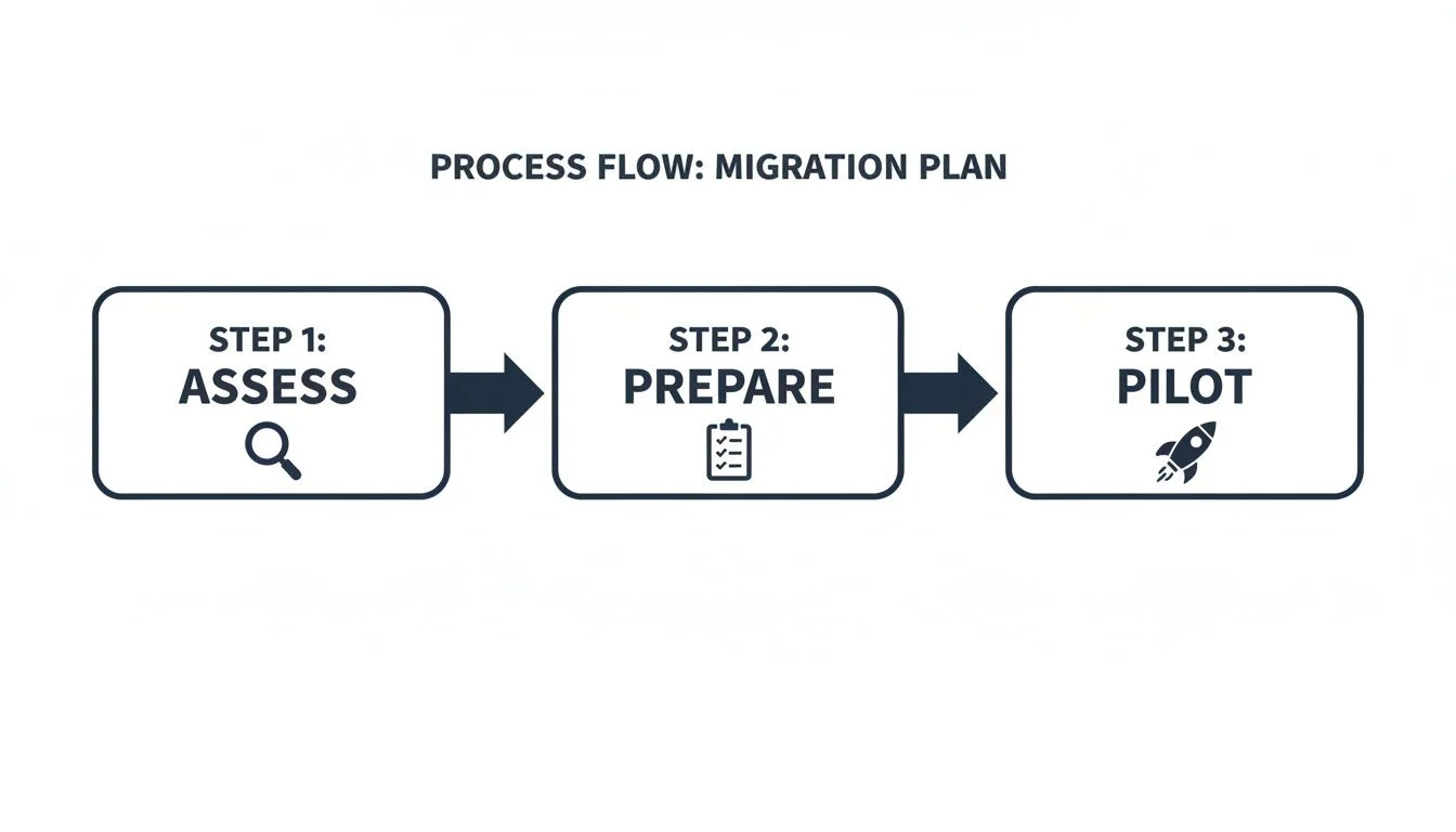 A three-step migration plan process flow diagram showing Assess, Prepare, and Pilot stages.