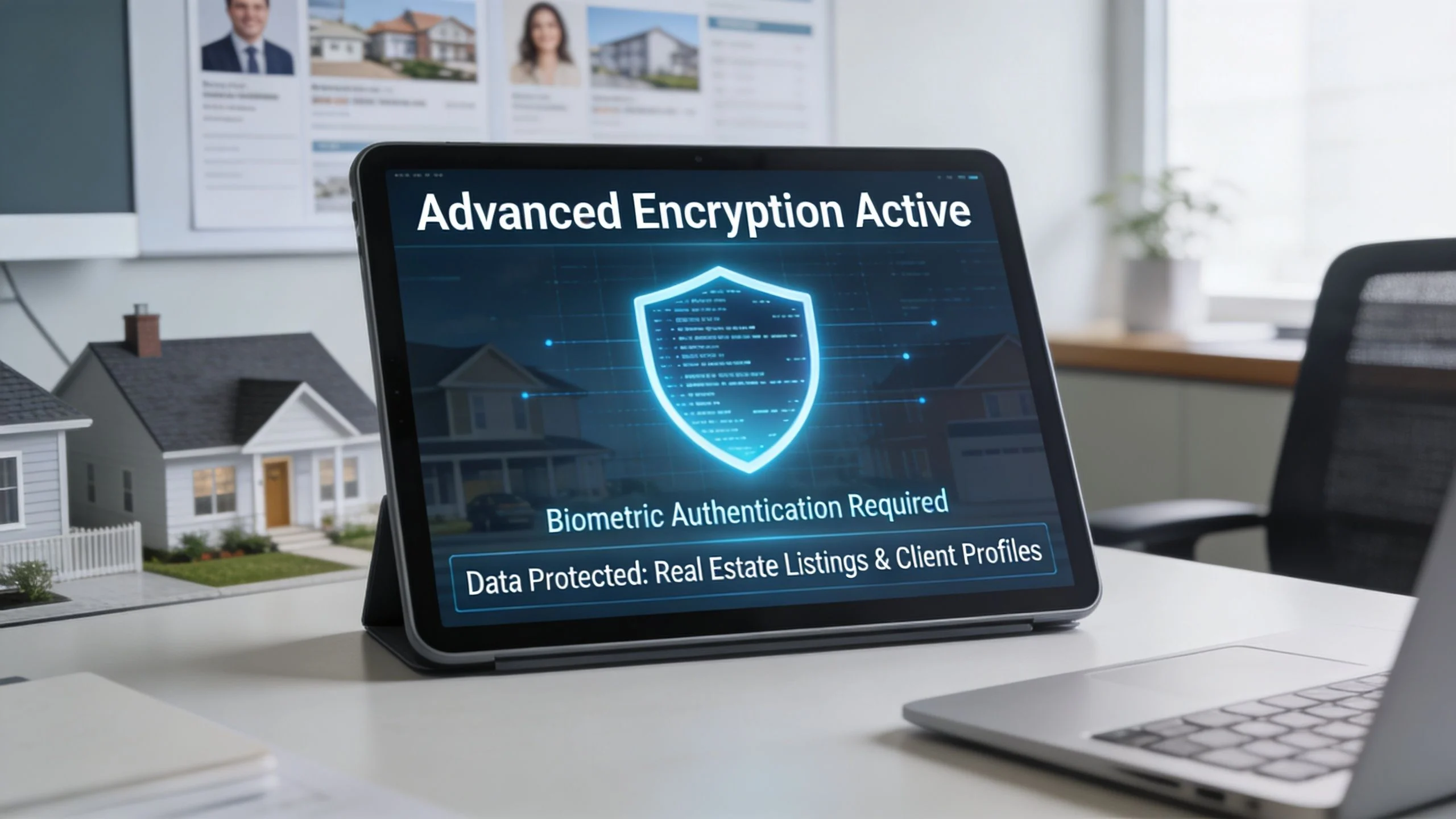 A digital tablet showing an advanced encryption warning on a clean office desk with house models.