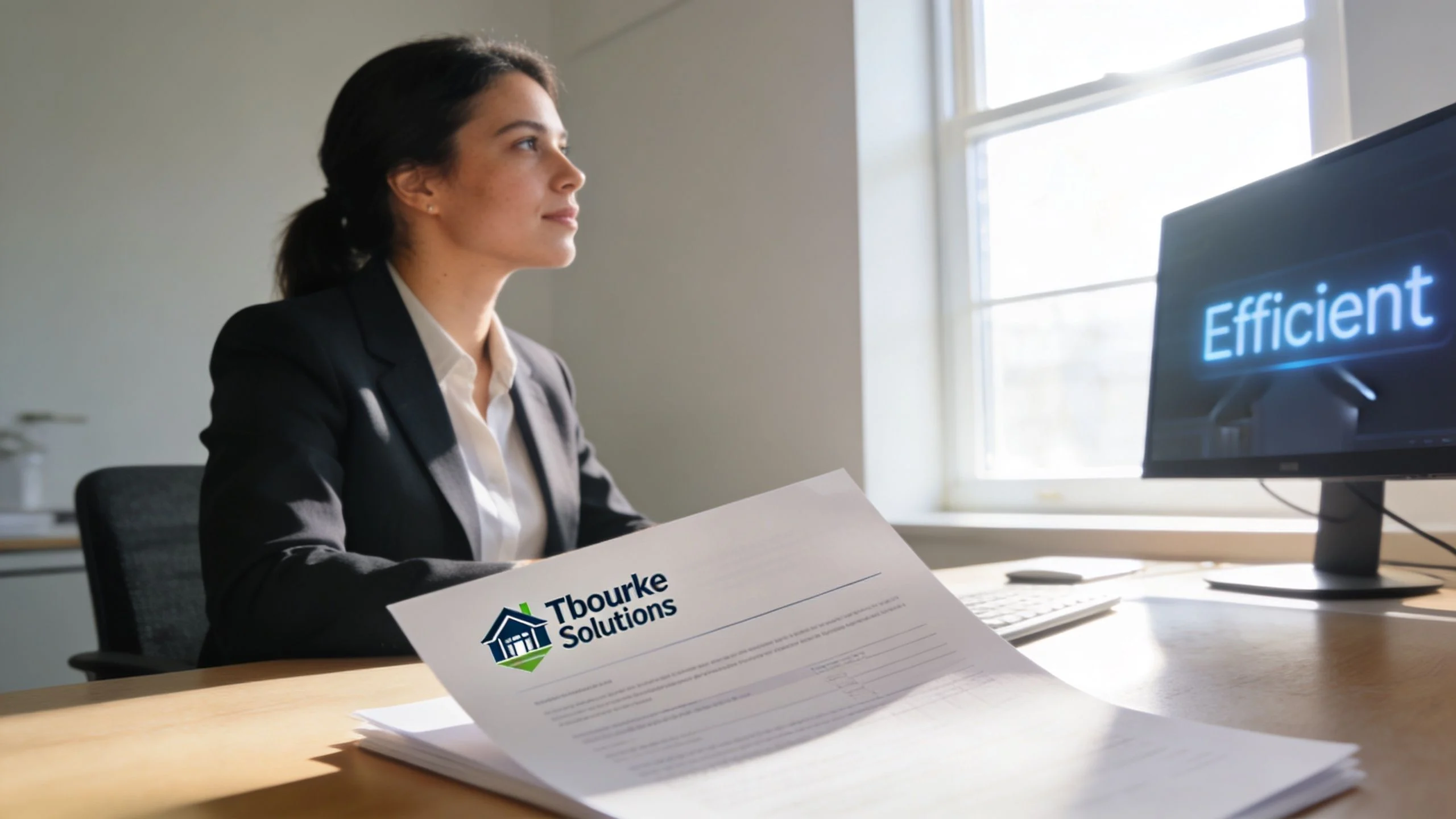 A professional woman looking at an efficient digital interface while holding Tbourke Solutions real estate documents.