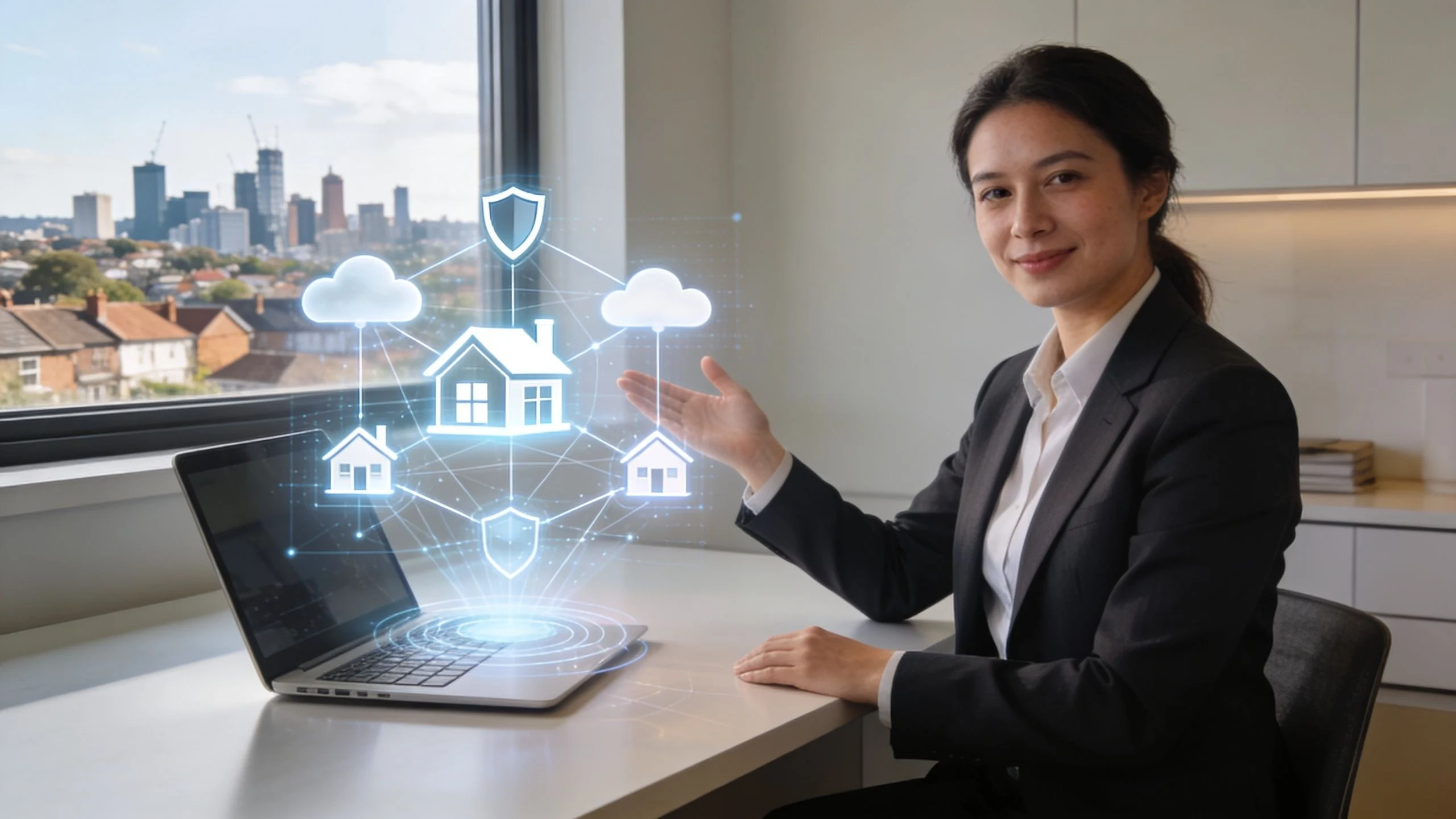 A businesswoman in a suit sits at a desk with a laptop, gesturing towards holographic icons of houses, shields, and clouds, suggesting property or smart home technology, with a city view outside the window.