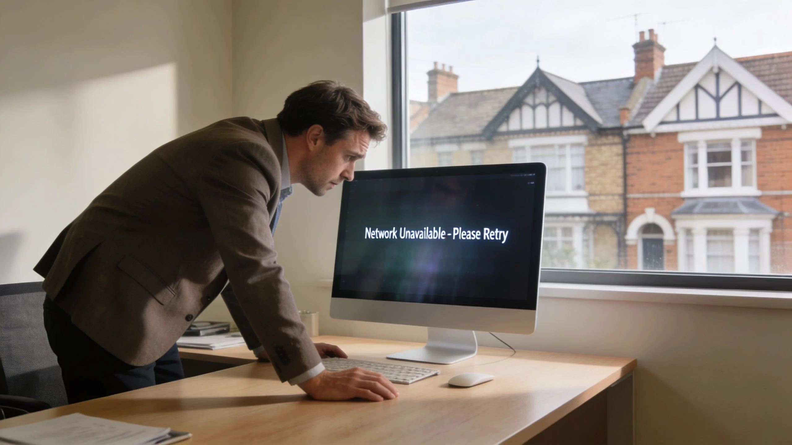 A man in a blazer leans over his office desk frustrated by a network error on his monitor.