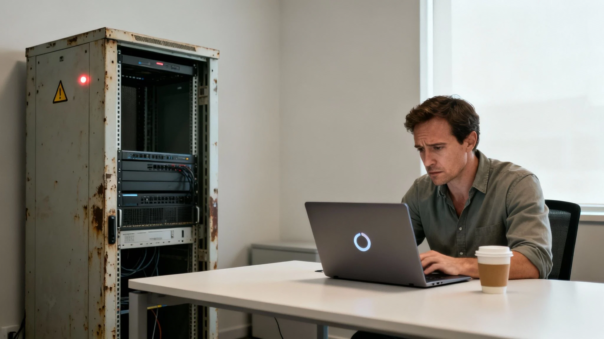 A man sits at a desk working on a laptop next to a rusty server rack in an office. There is a coffee cup on the desk, and the room has white walls and a large window letting in natural light.