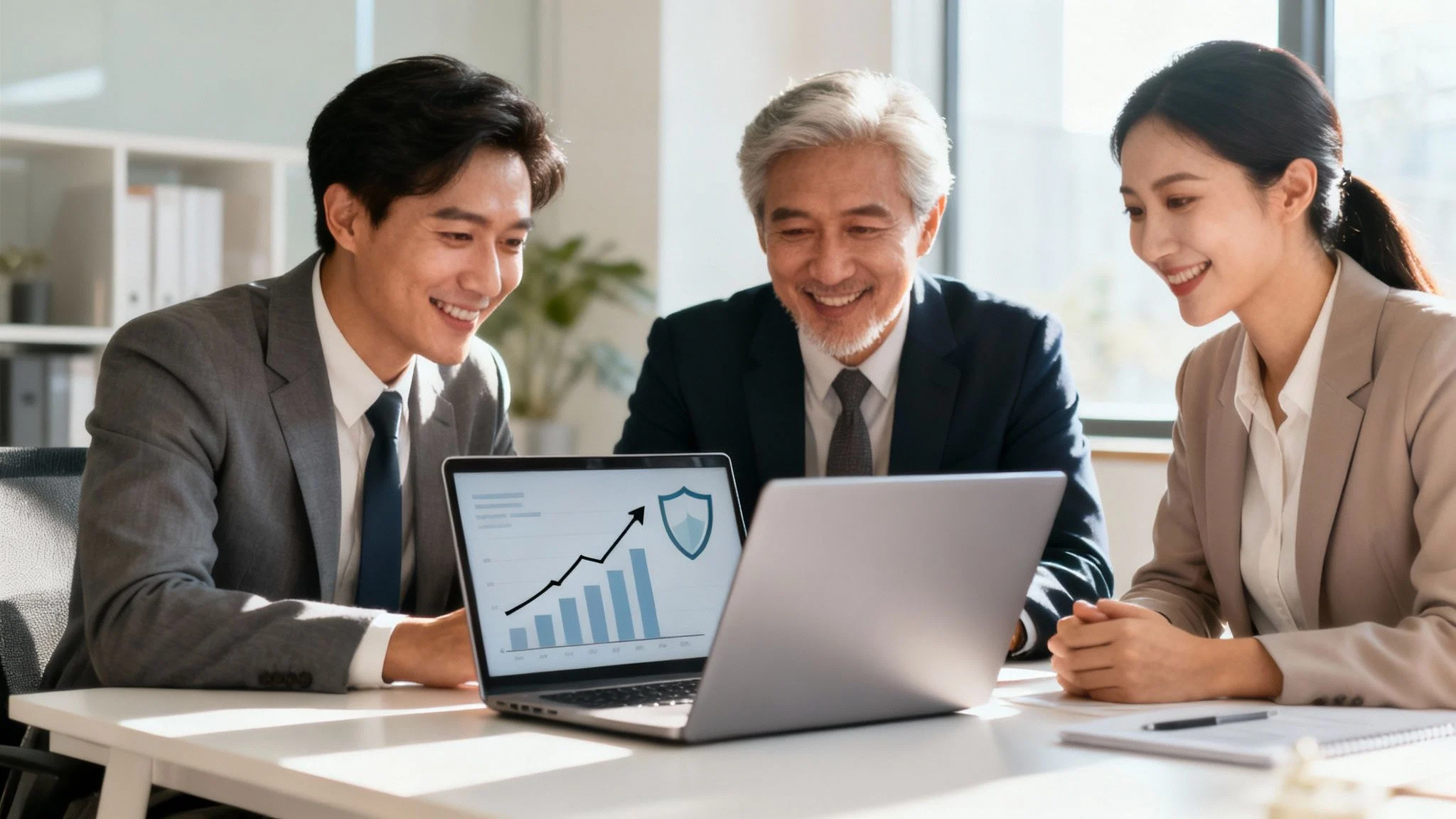 Three business professionals in suits smile whilst looking at a laptop displaying a graph with rising bars and an upward arrow, suggesting business growth, in a bright office setting.