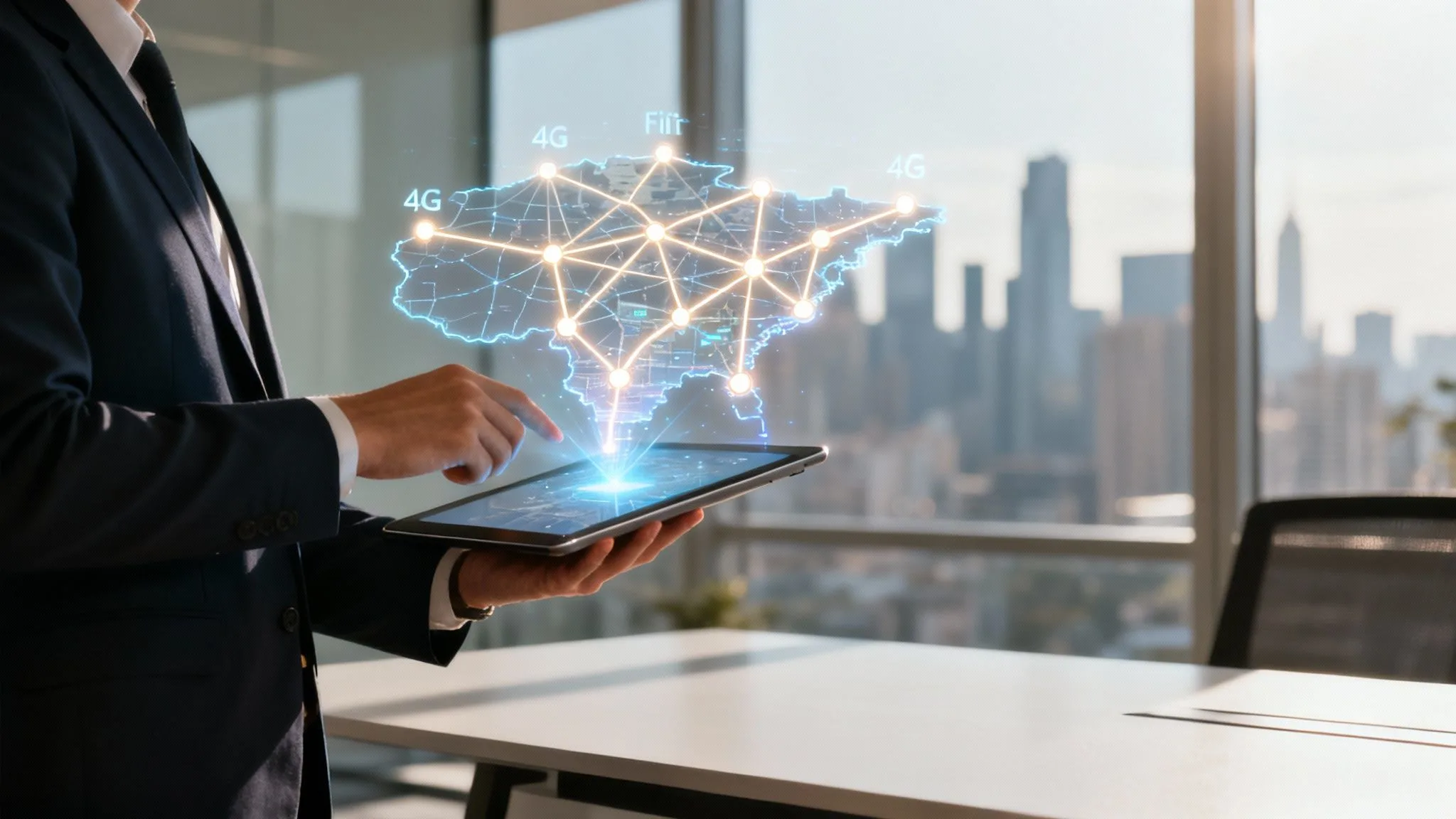 A person in business attire uses a tablet displaying a glowing digital map with network connections and 4G labels, set in a modern office with city buildings visible through large windows.