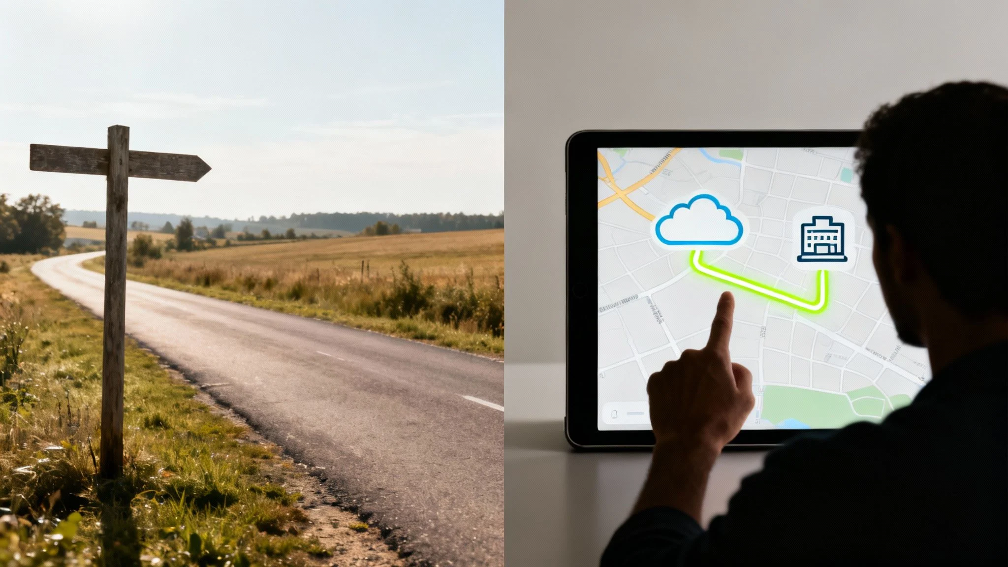 A split image: on the left, a rural road with a wooden signpost and open fields; on the right, a person using a tablet with a map and cloud icons on the screen.