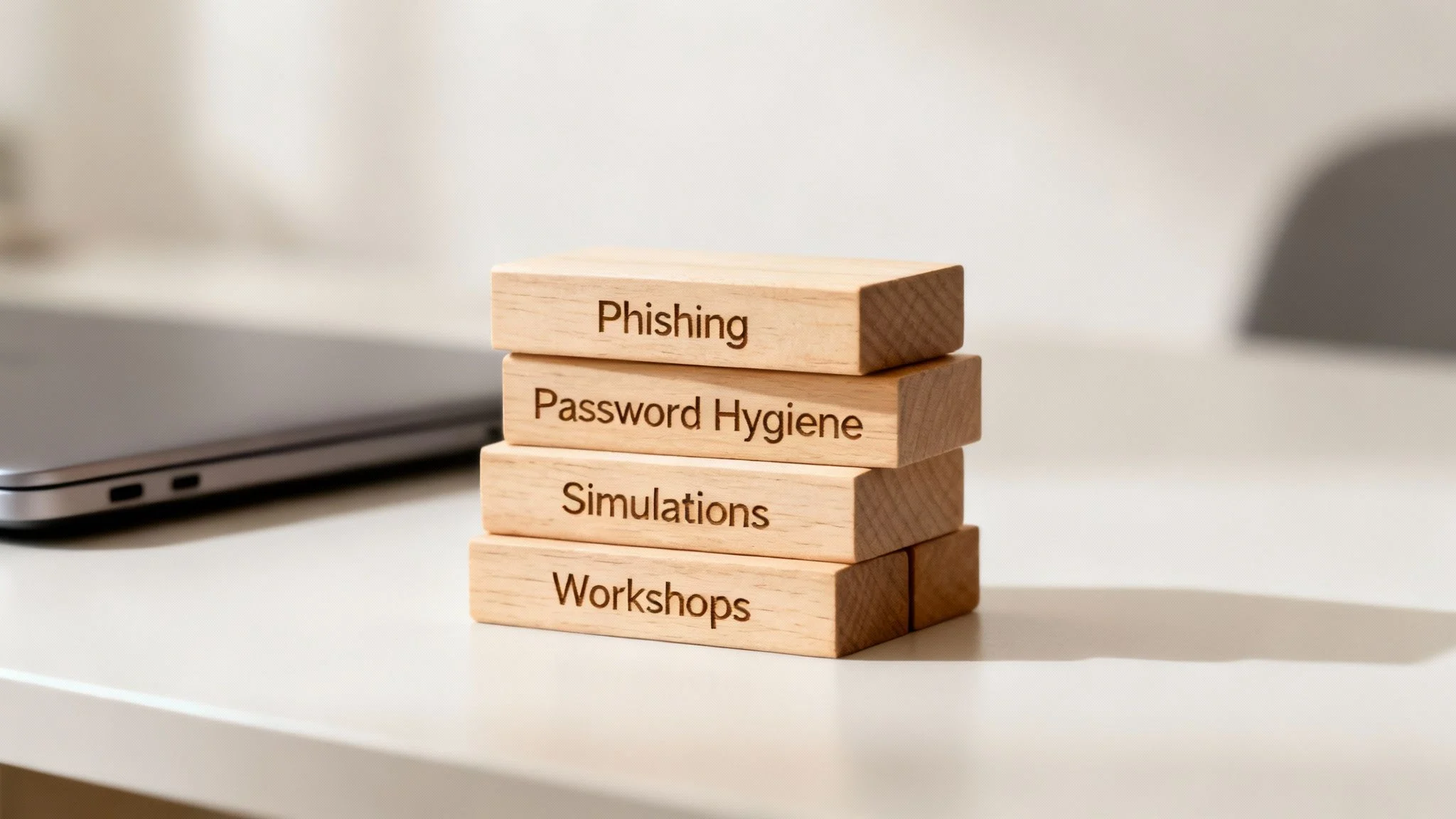 Four wooden blocks are stacked on a desk, each labelled with a word: Phishing, Password Hygiene, Simulations, and Workshops. A laptop is partially visible in the background.