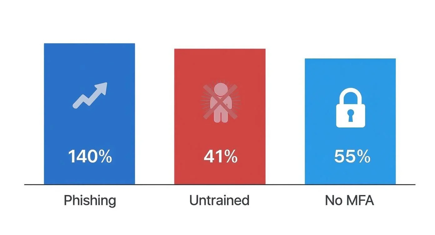 Bar chart with three columns: Phishing (140% with upward arrow), Untrained (41% with a person icon), and No MFA (55% with a padlock icon).