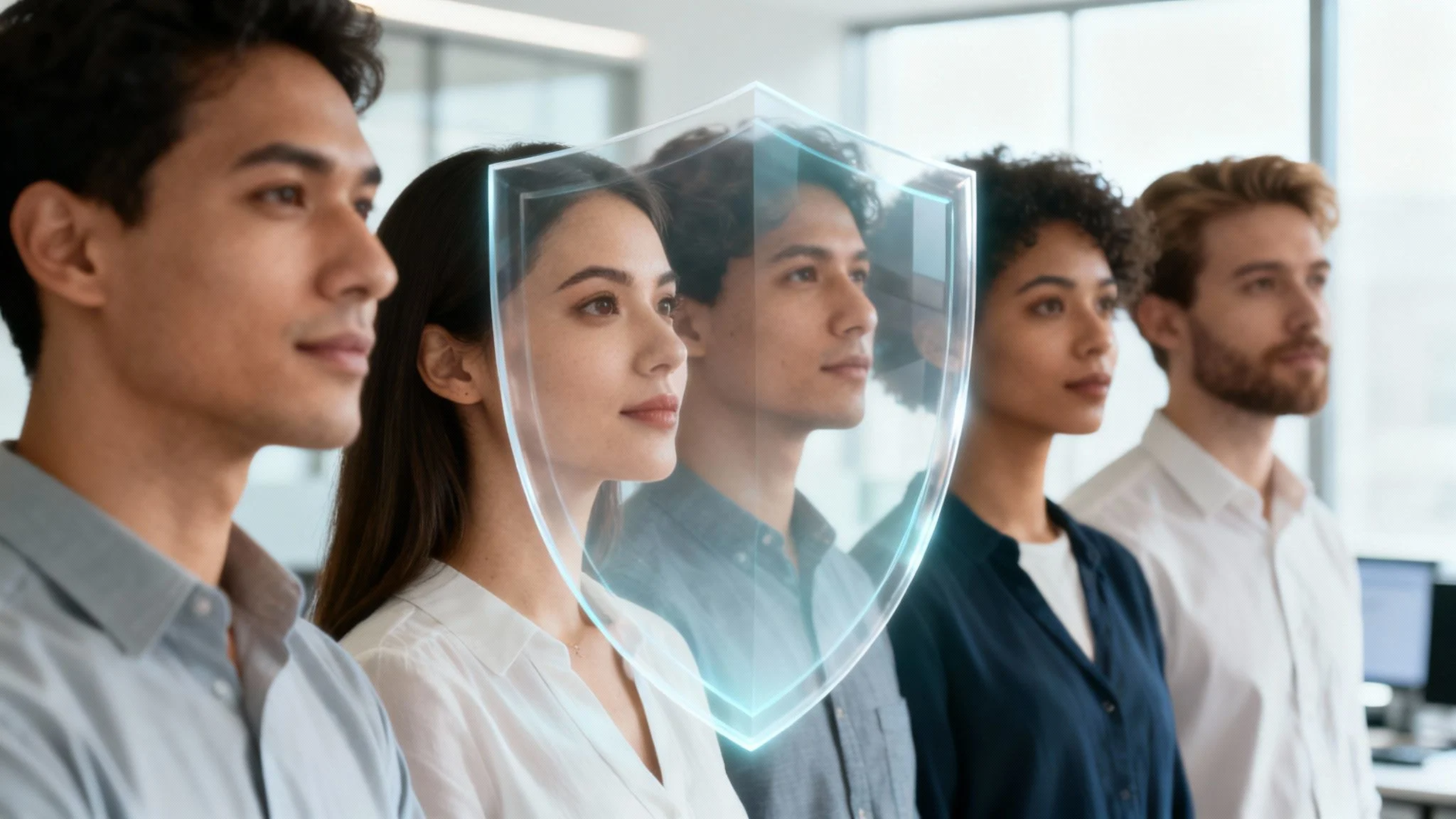A diverse group of four young professionals stands in a row, facing forward, with a translucent digital shield graphic overlaid in front of them, symbolising protection or cyber security in a modern office setting.