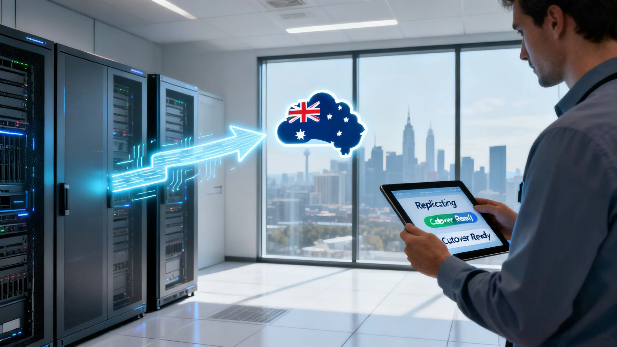 A man oversees data migrating from on-premise servers to an Australian cloud, displayed on a tablet.
