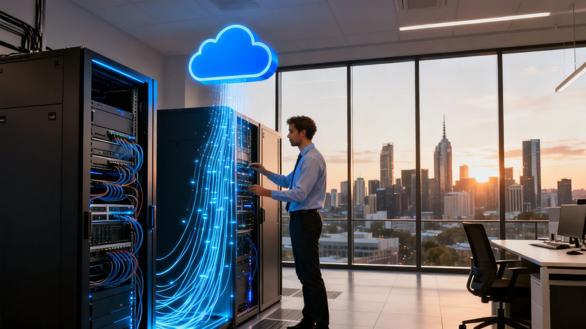 A man stands in a modern office data centre, working on server racks. Digital blue lines and a glowing cloud icon illustrate cloud computing, with a city skyline visible through large windows at sunset.