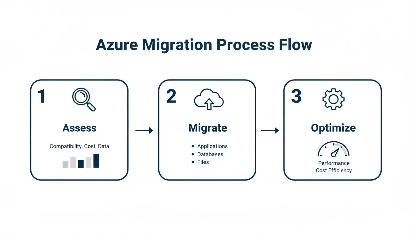 Azure Migration Process Flow diagram showing three steps: Assess, Migrate, and Optimize for cloud solutions.