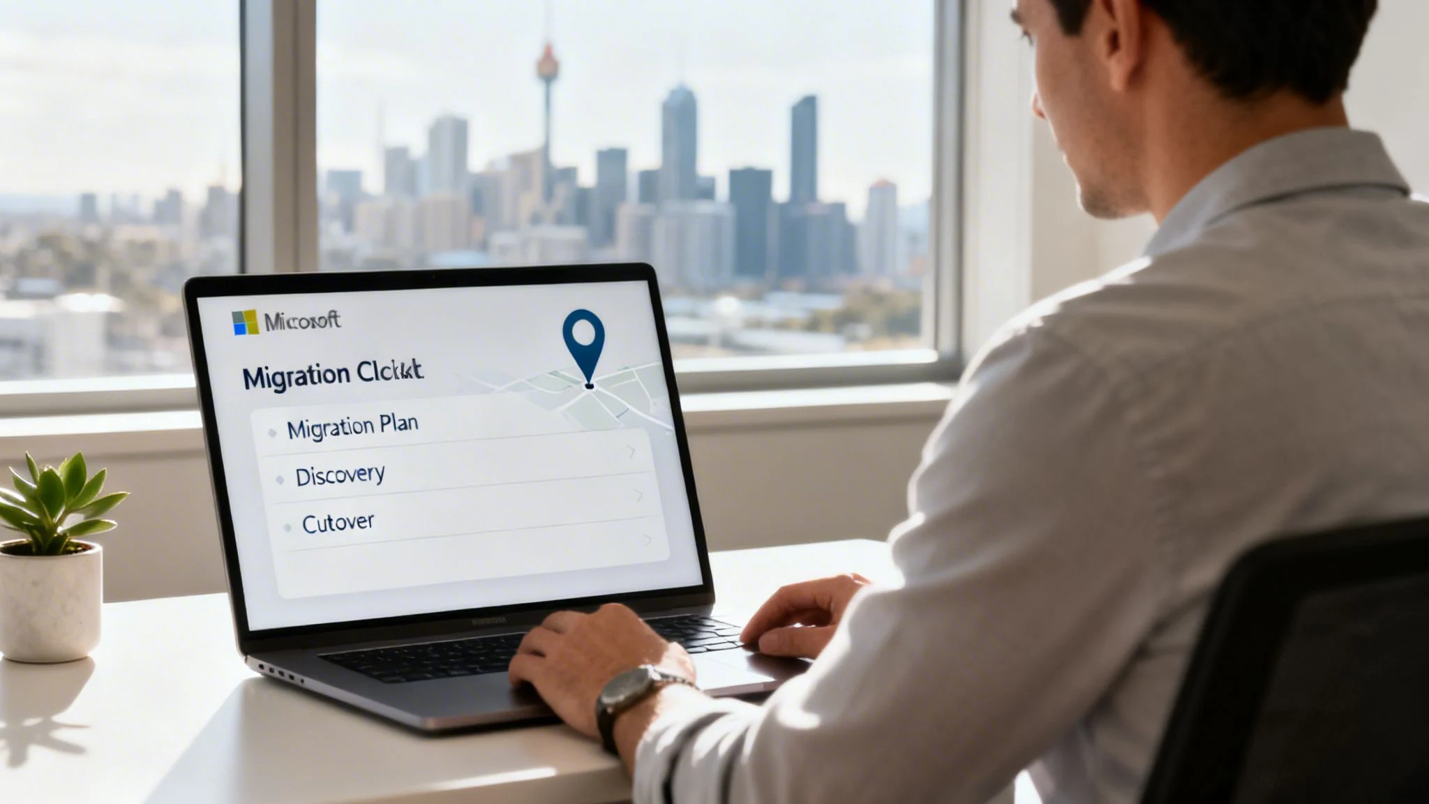 A man works on a laptop showing Microsoft migration steps with a cityscape background.