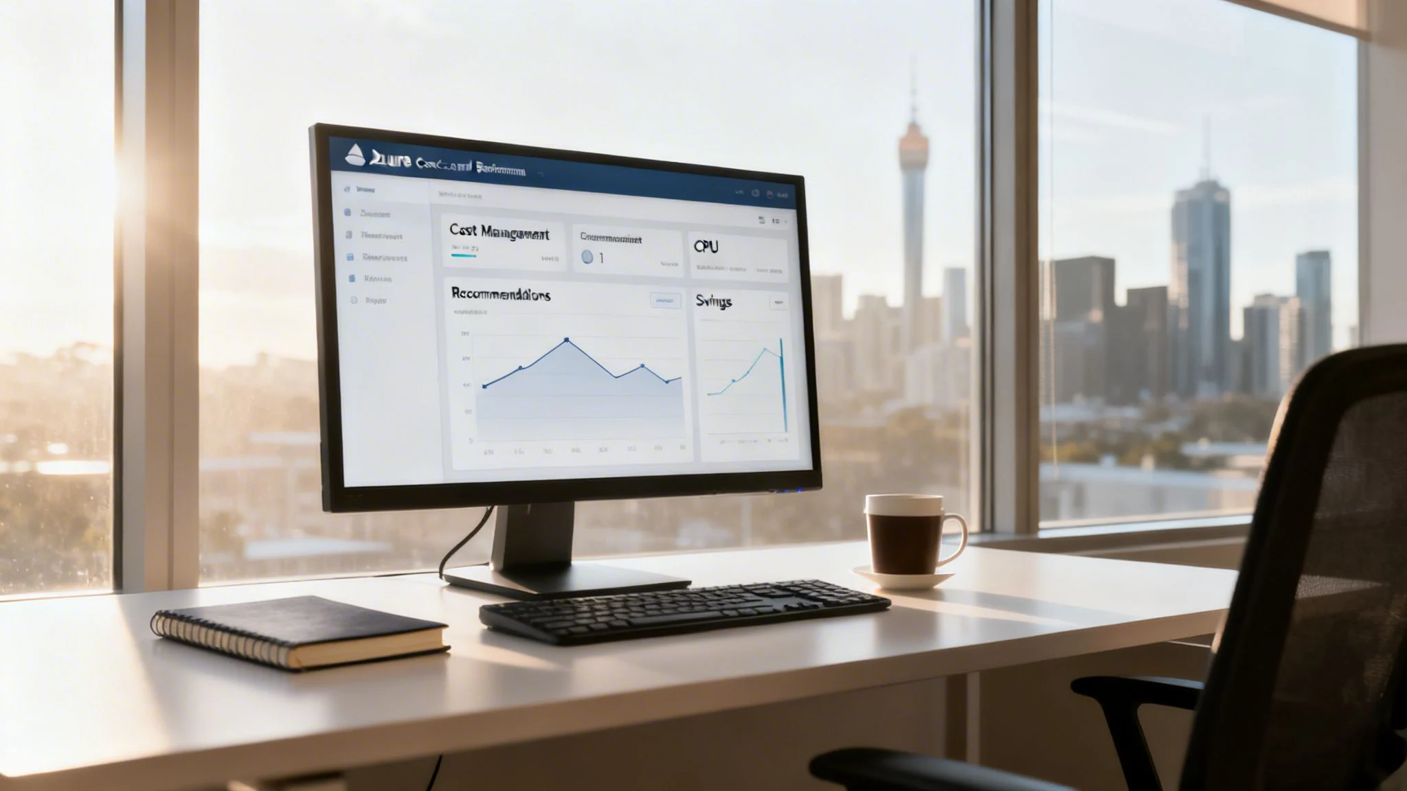 A computer monitor on a desk displaying business graphs, with a city skyline view from a bright office window.