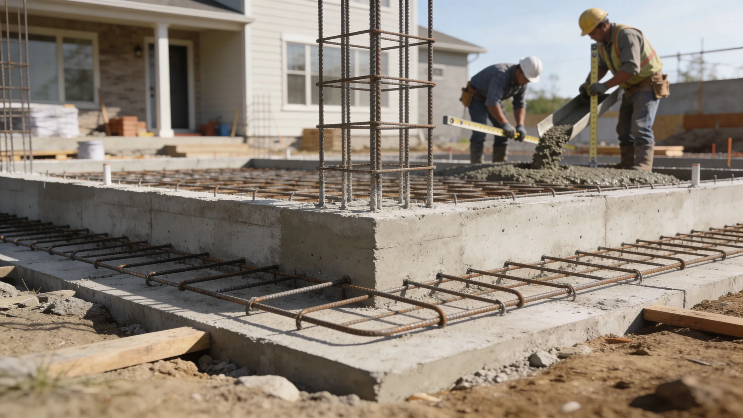 Construction workers pouring concrete for a residential foundation with rebar reinforcement in a new home build.