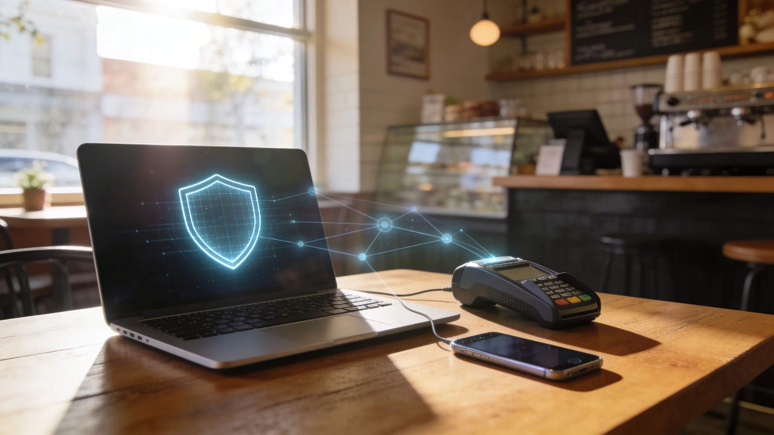 A laptop with a digital shield icon on its screen sits on a café table beside a payment terminal and mobile phone, suggesting secure online transactions in a cosy coffee shop setting.