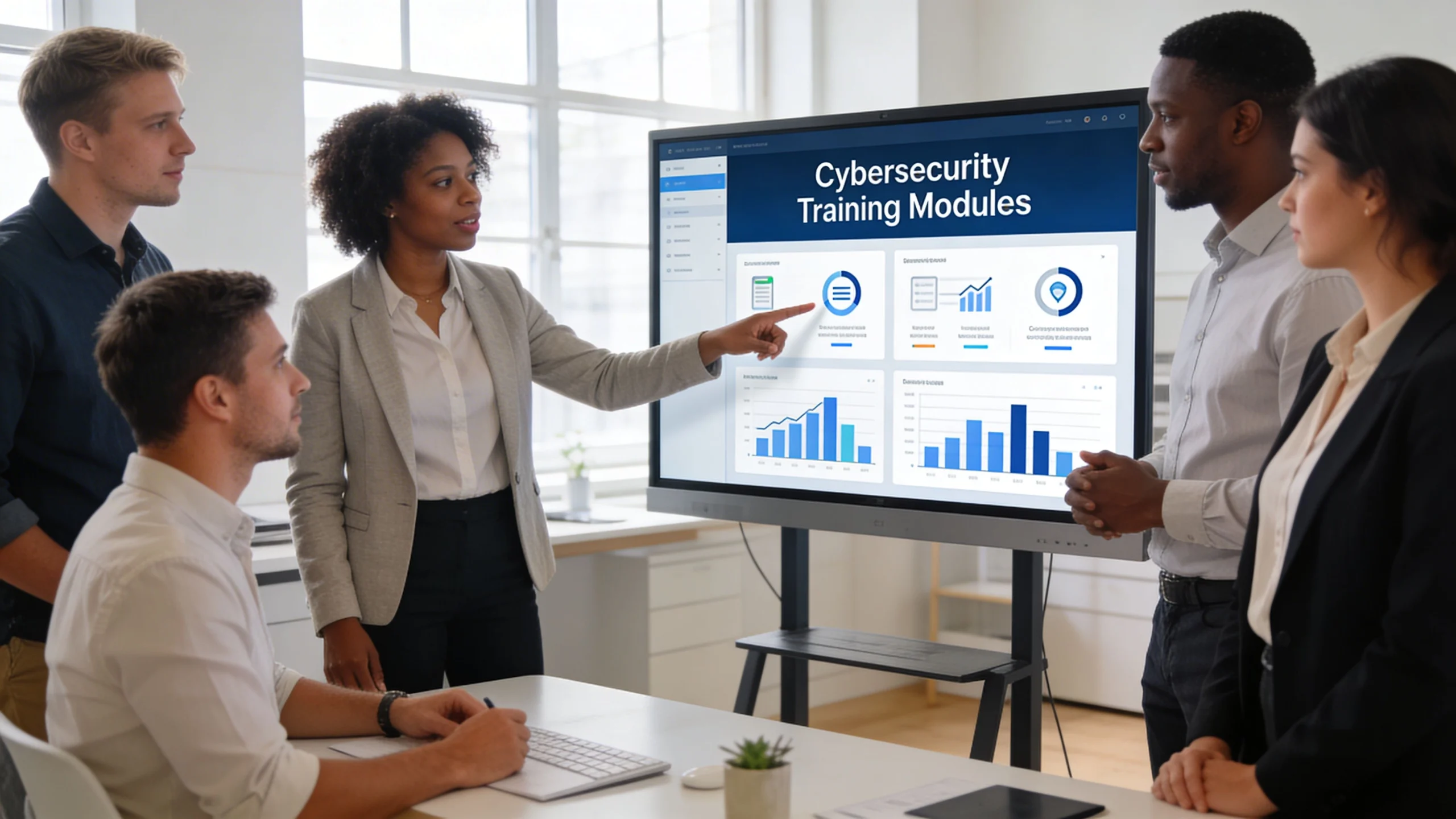 A professional team discussing cybersecurity training modules on a digital display in a modern office setting.