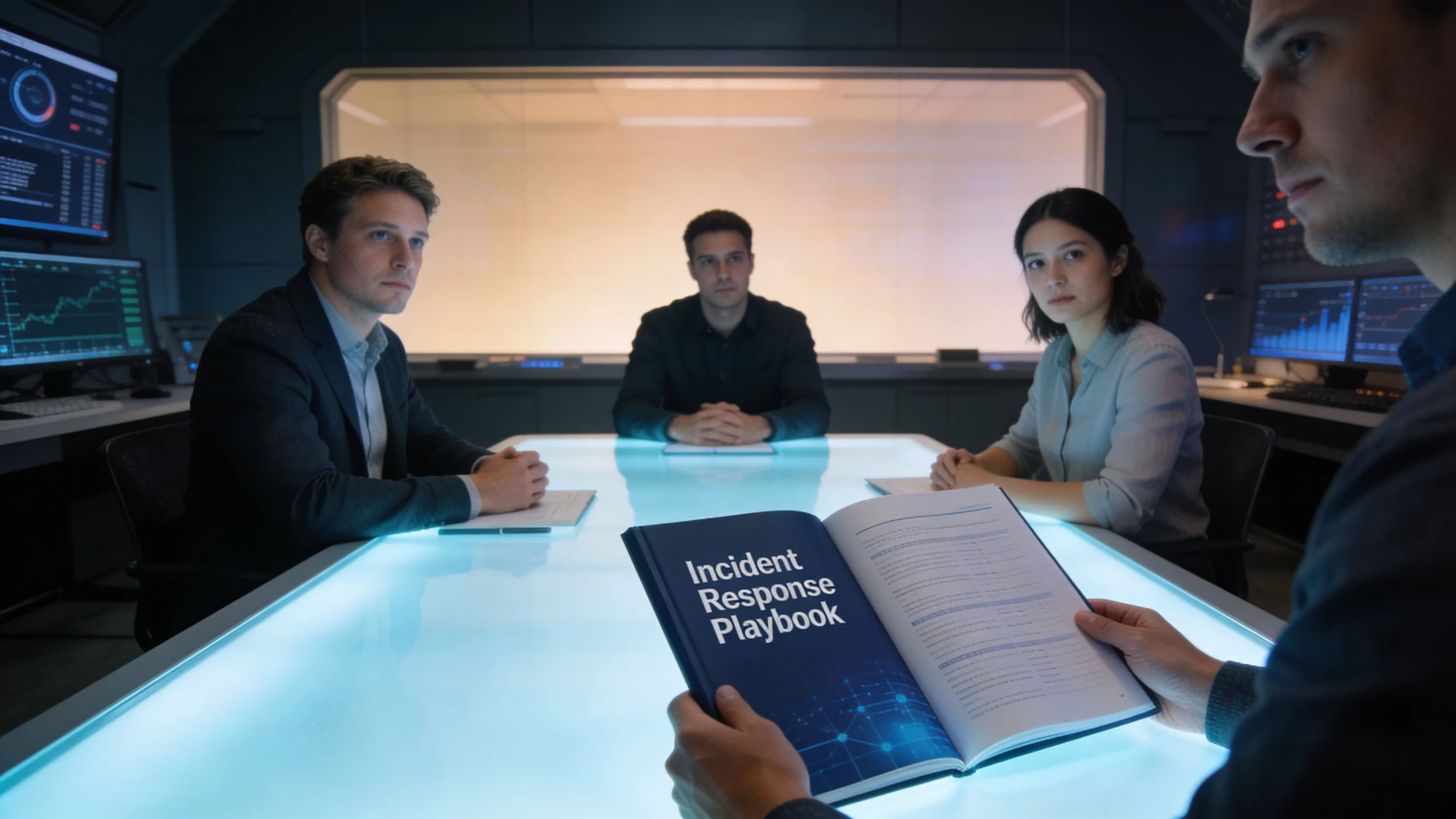 A professional team sits around a glowing table in a dark operations center reviewing an incident response playbook.