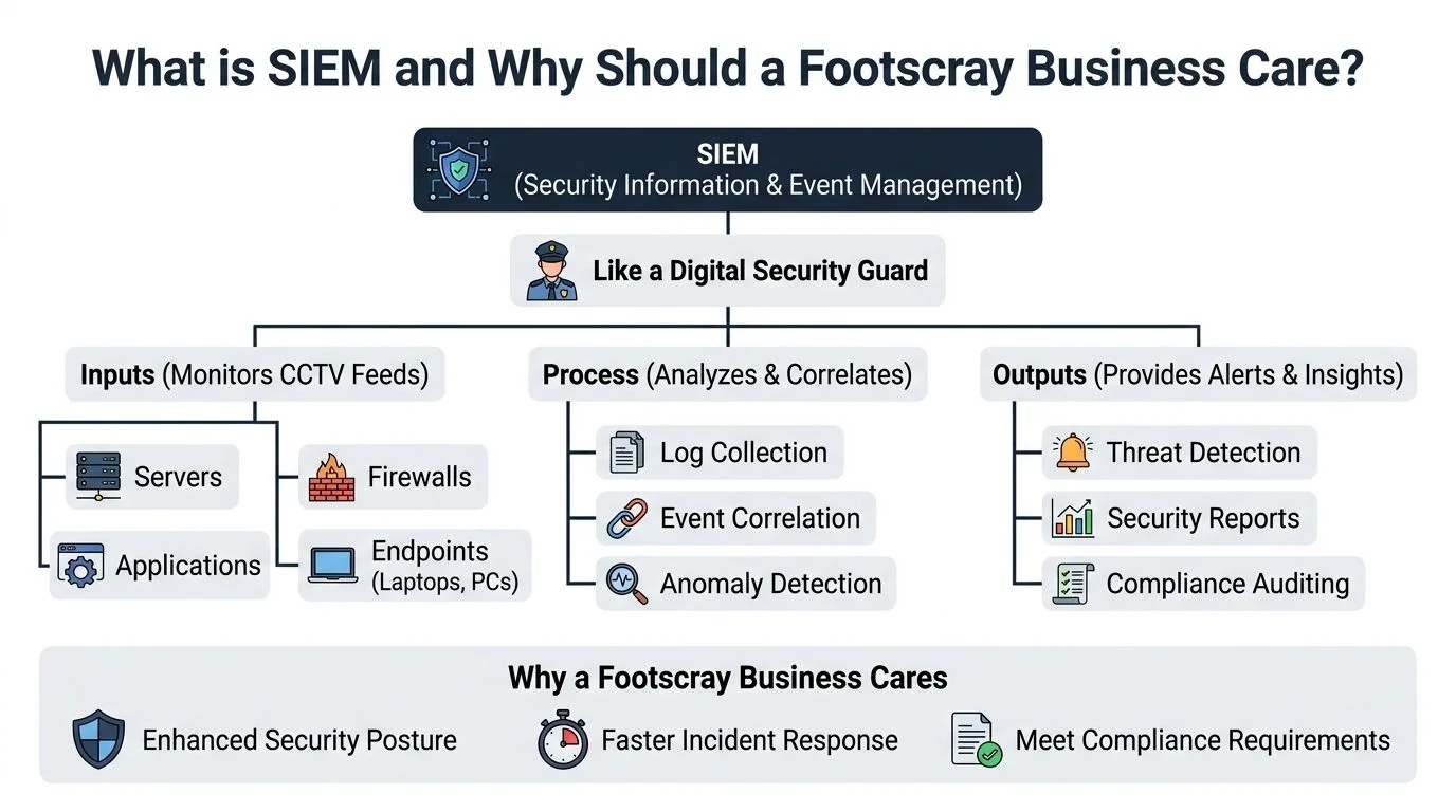 An infographic explaining SIEM as a digital security guard, illustrating its inputs, processes, and outputs for businesses.