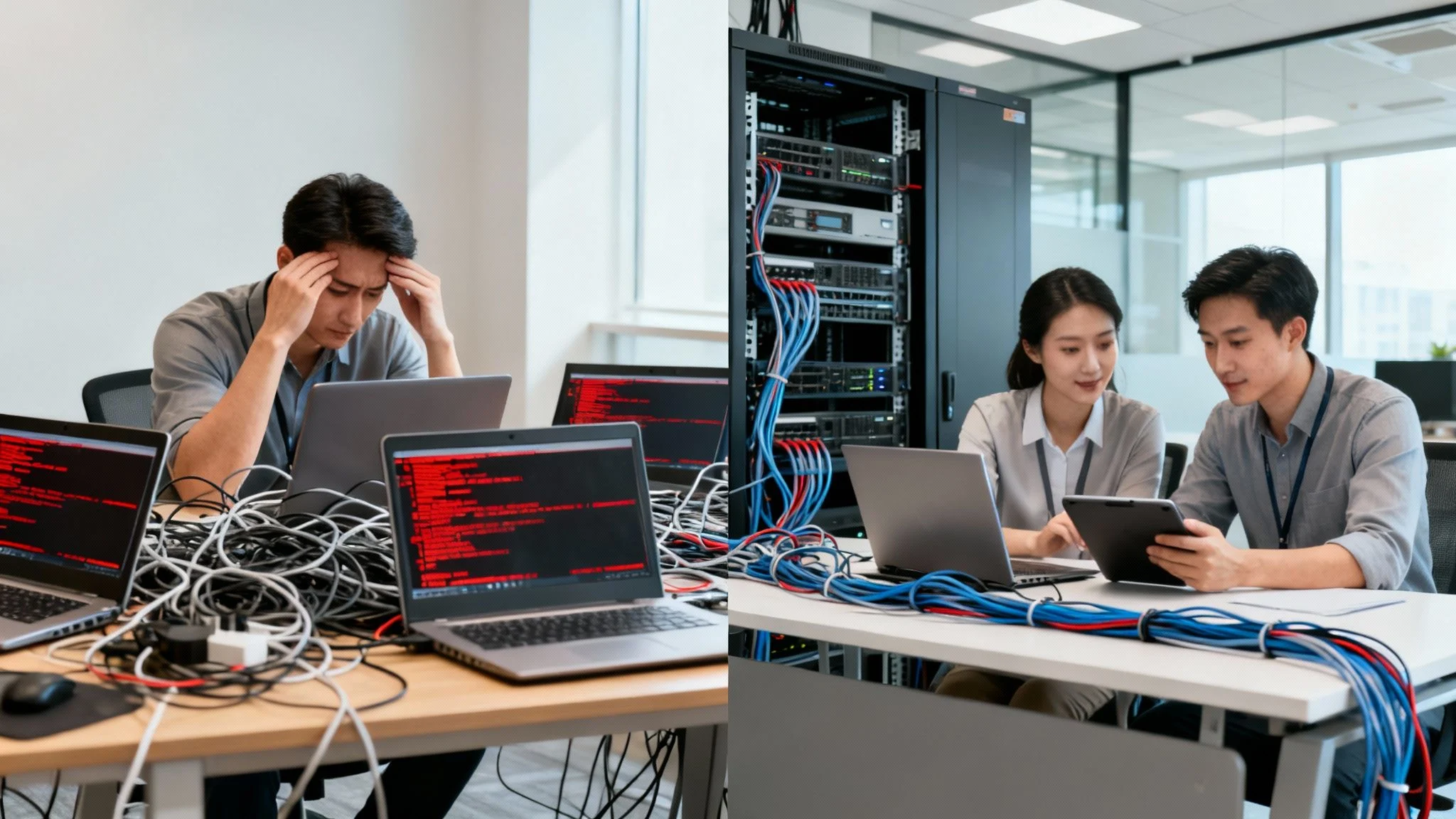 A split image shows, on the left, a stressed man surrounded by laptops with error code and tangled cables, and on the right, two colleagues smiling whilst working on a tablet in a server room with organised wiring.