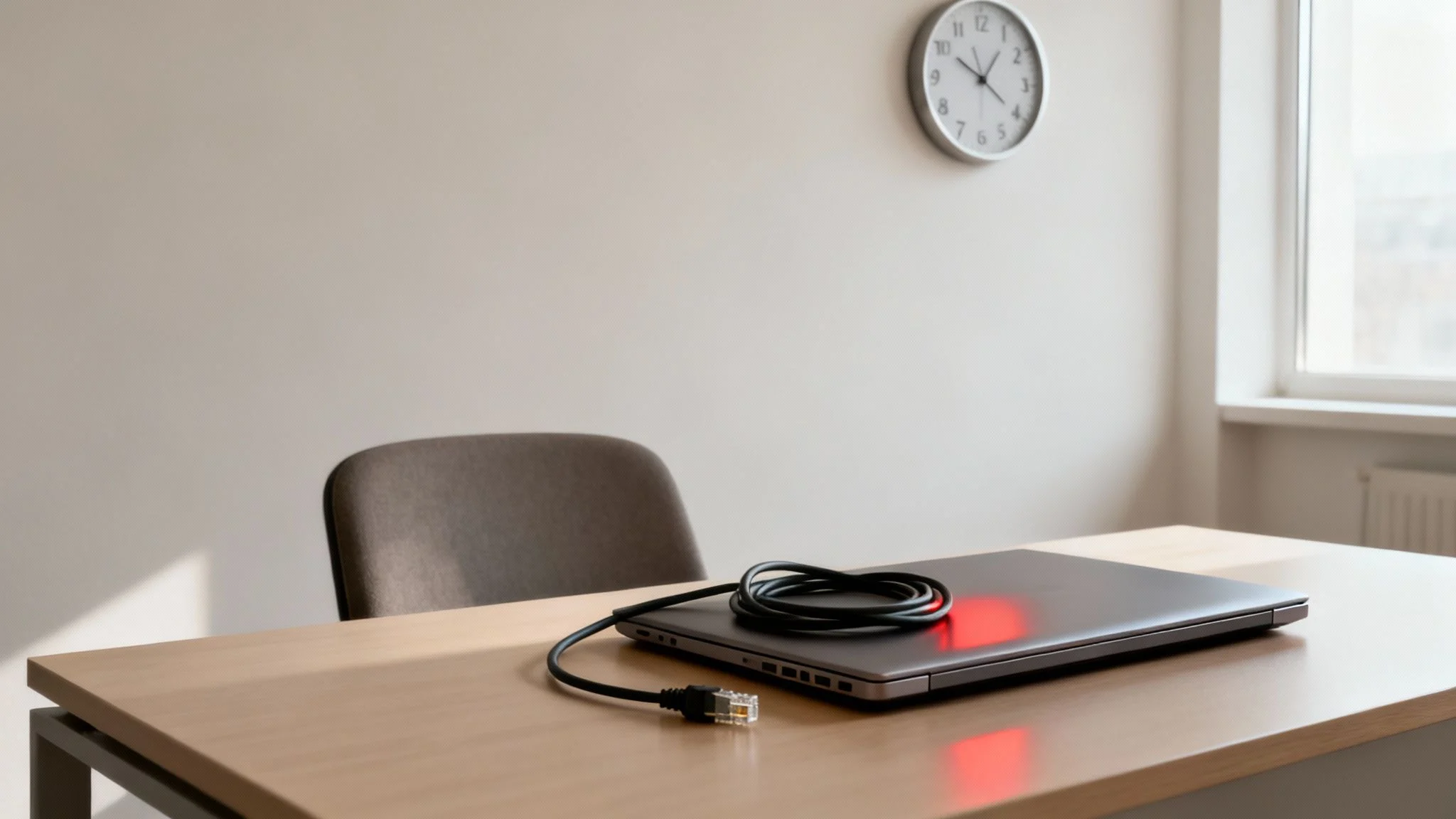 Closed laptop with an Ethernet cable on a light wooden desk in a bright office.