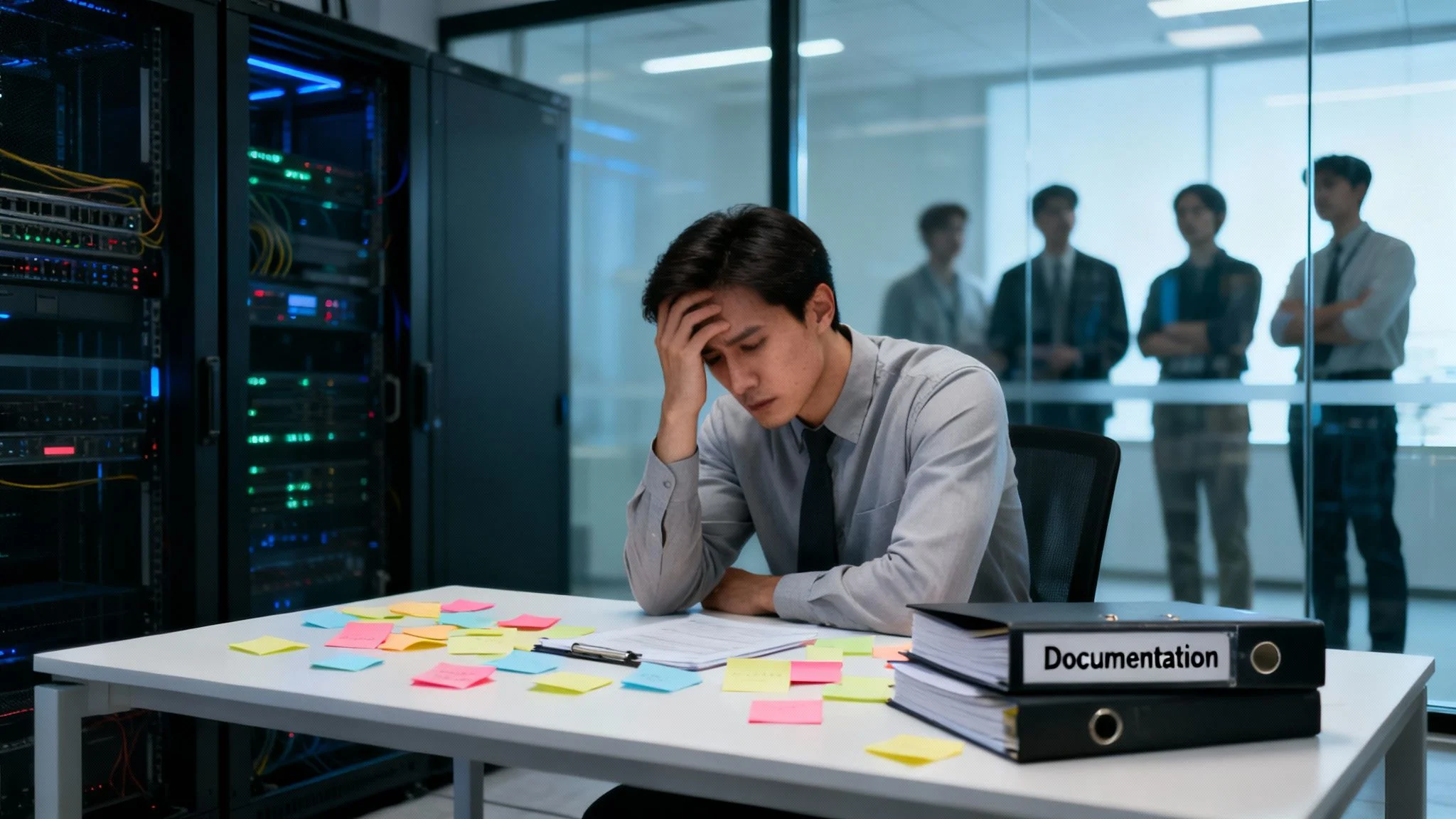 Stressed IT professional in server room struggles with overwhelming documentation, surrounded by sticky notes.