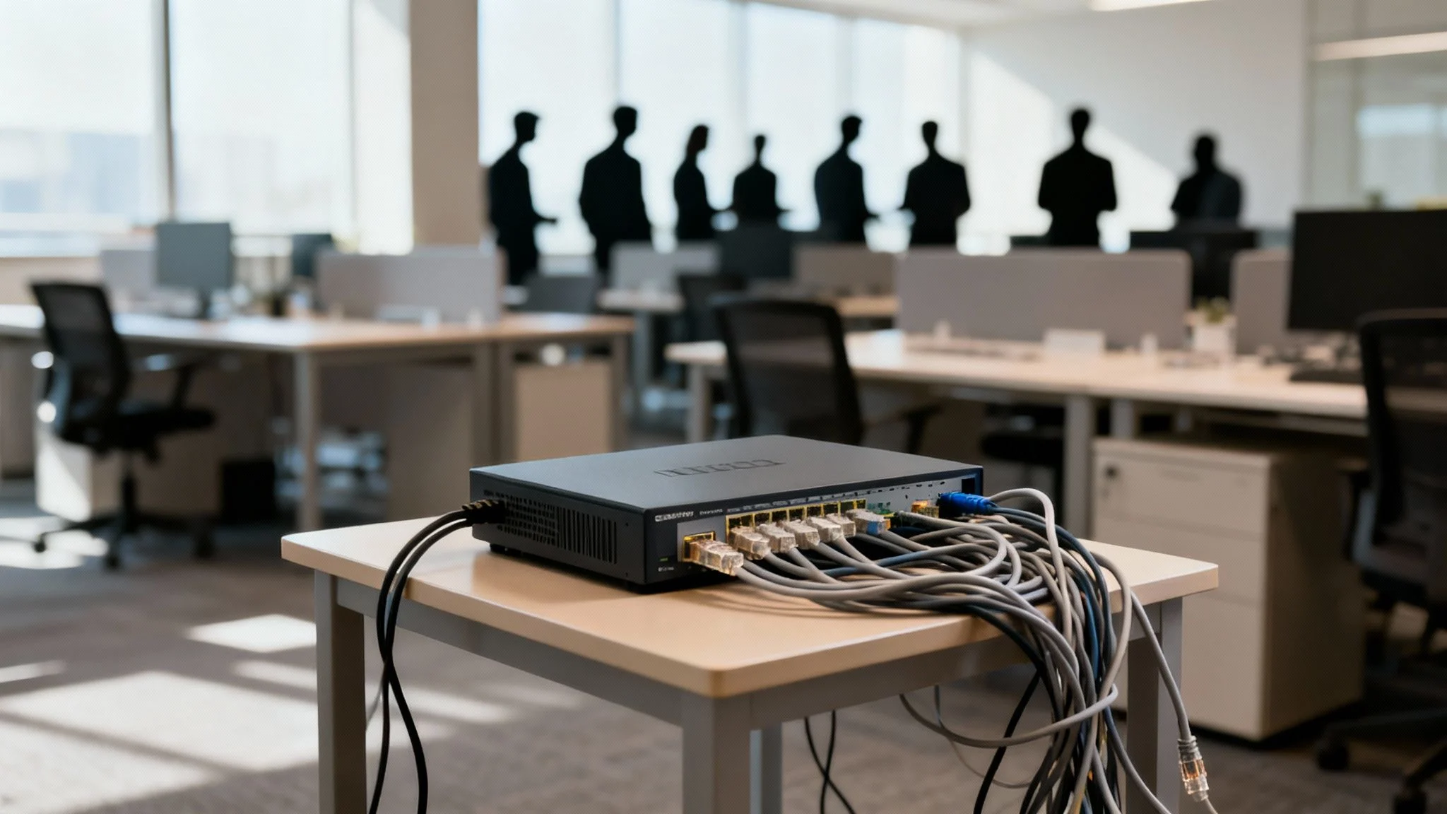 A network switch with many ethernet cables on a table in a modern office with blurred figures.